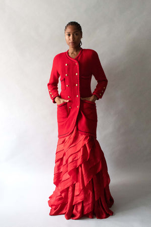 Halston Red Silk Organza Tierred Gown