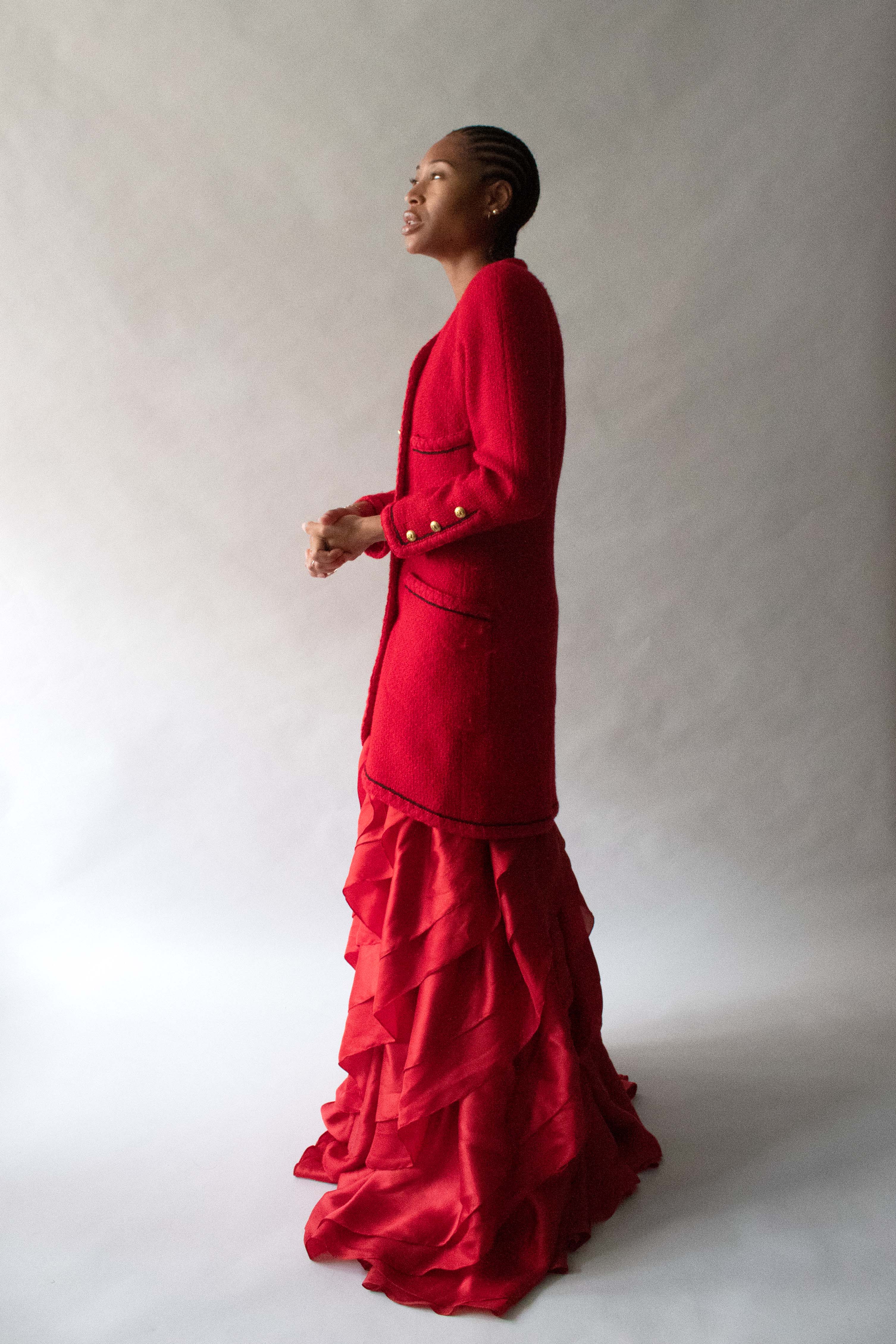 Halston Red Silk Organza Tierred Gown