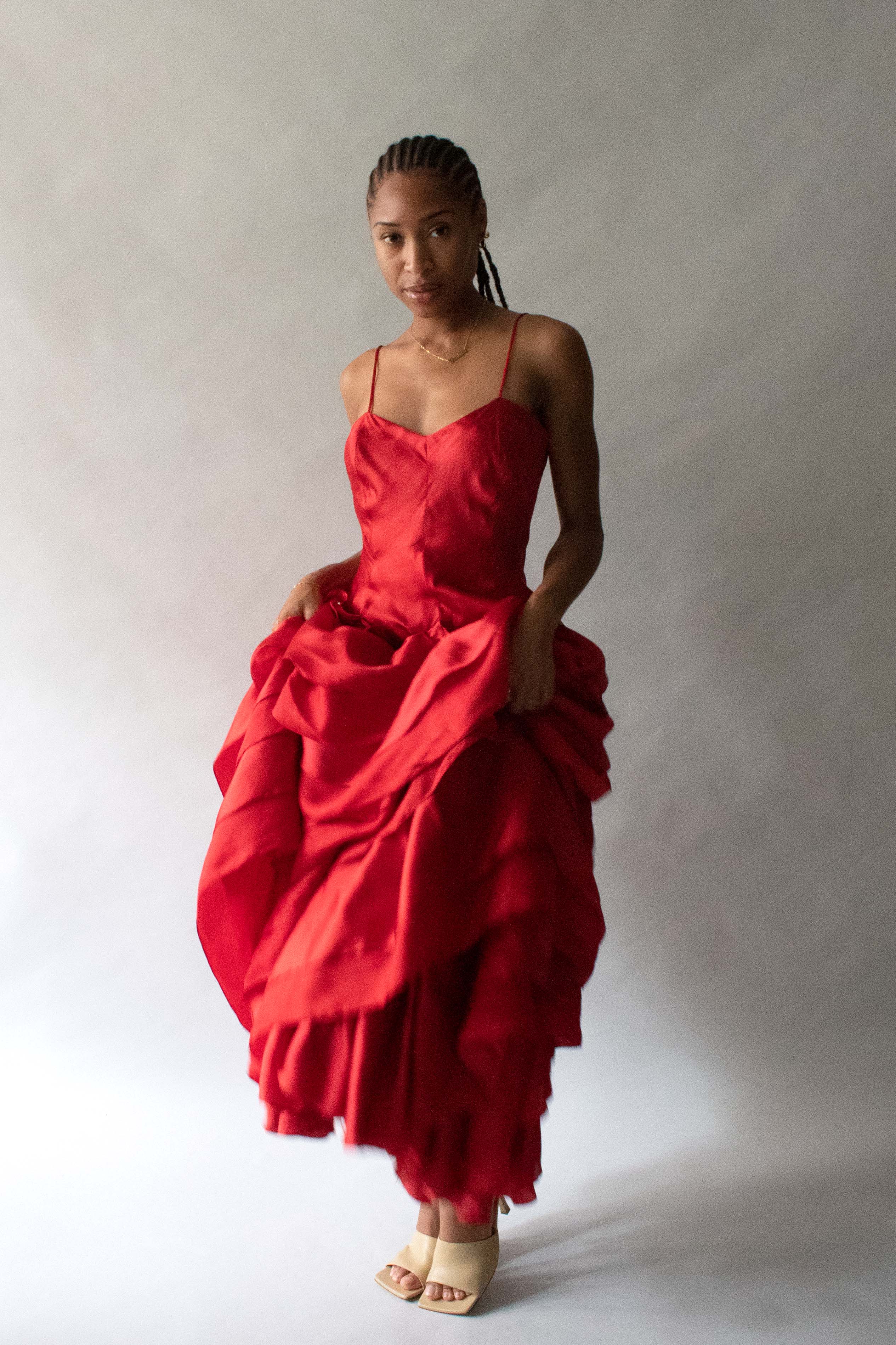Halston Red Silk Organza Tierred Gown