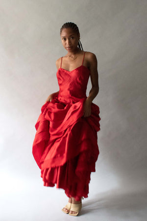 Halston Red Silk Organza Tierred Gown