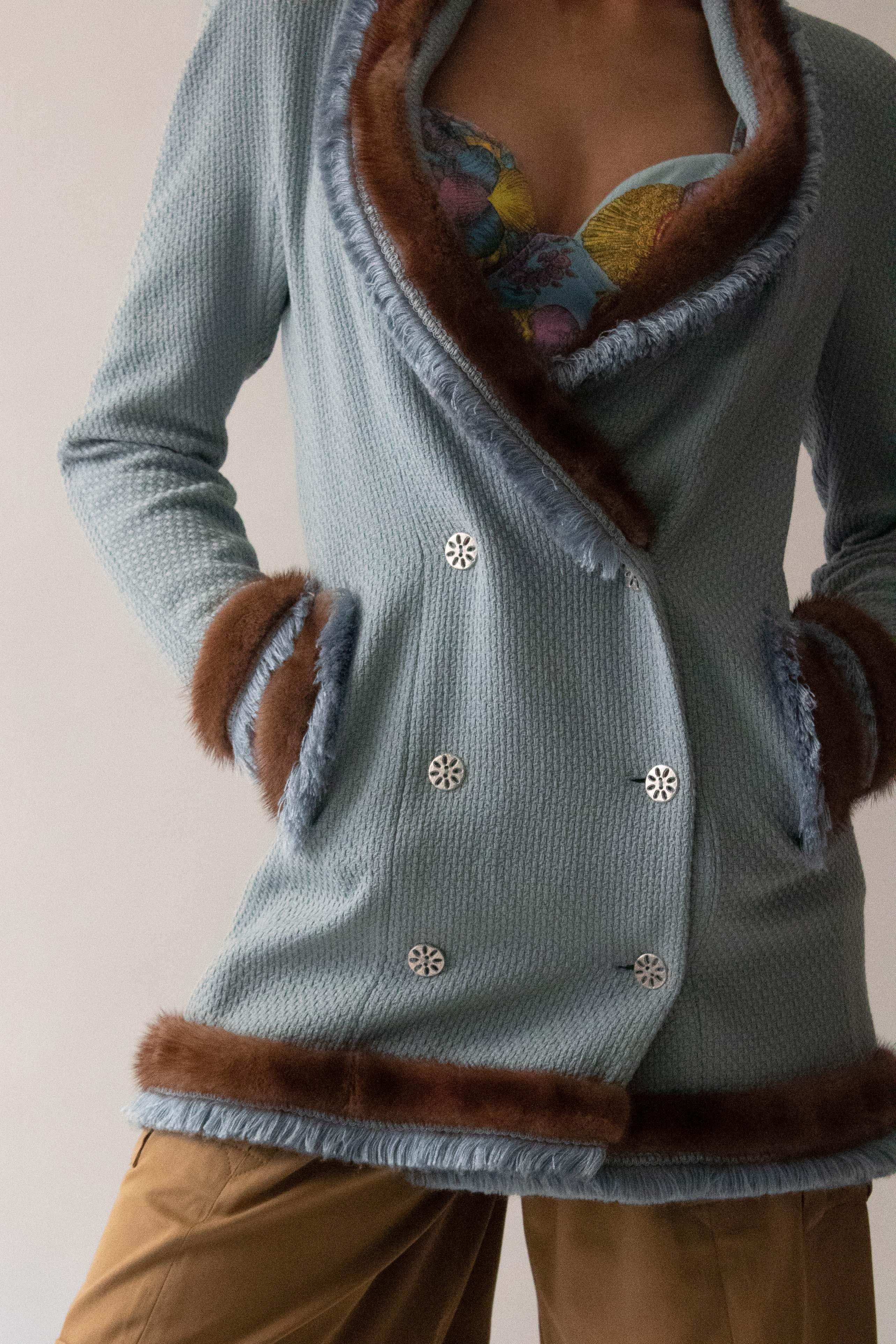 Dior 1997 Blue Wool Silk Mink Skirt Suit