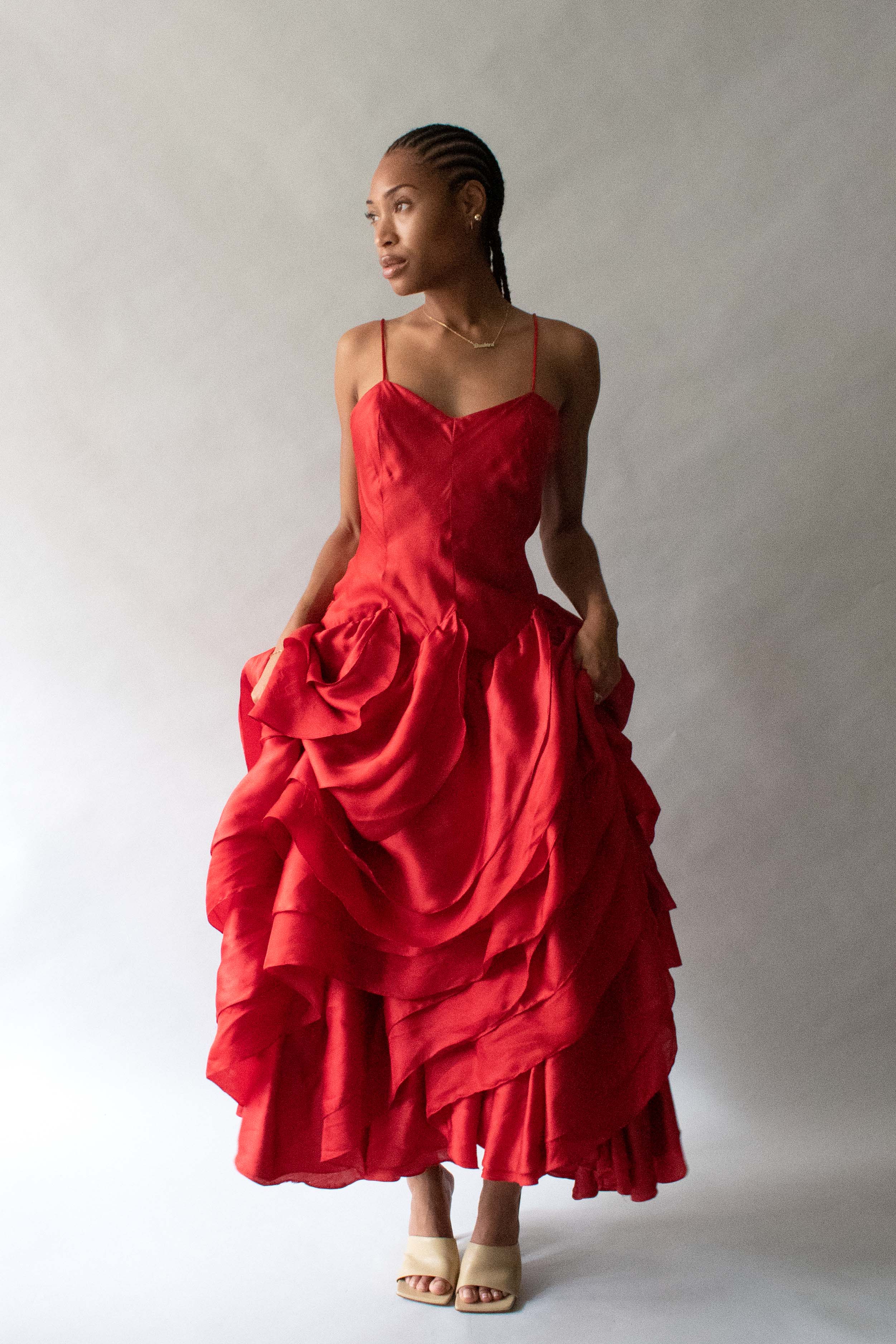 Halston Red Silk Organza Tierred Gown