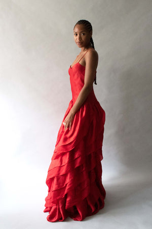 Halston Red Silk Organza Tierred Gown