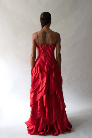 Halston Red Silk Organza Tierred Gown