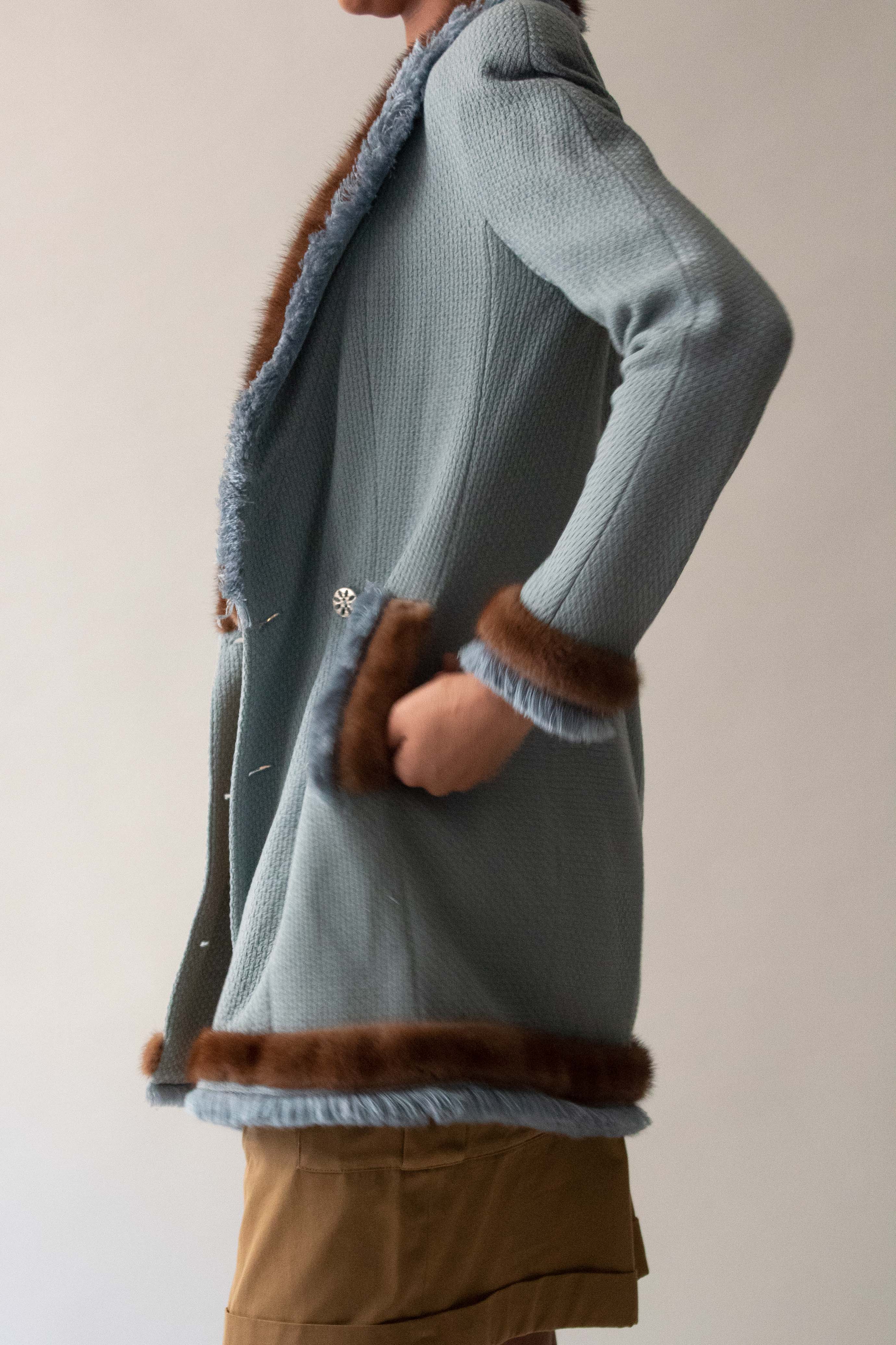 Dior 1997 Blue Wool Silk Mink Skirt Suit