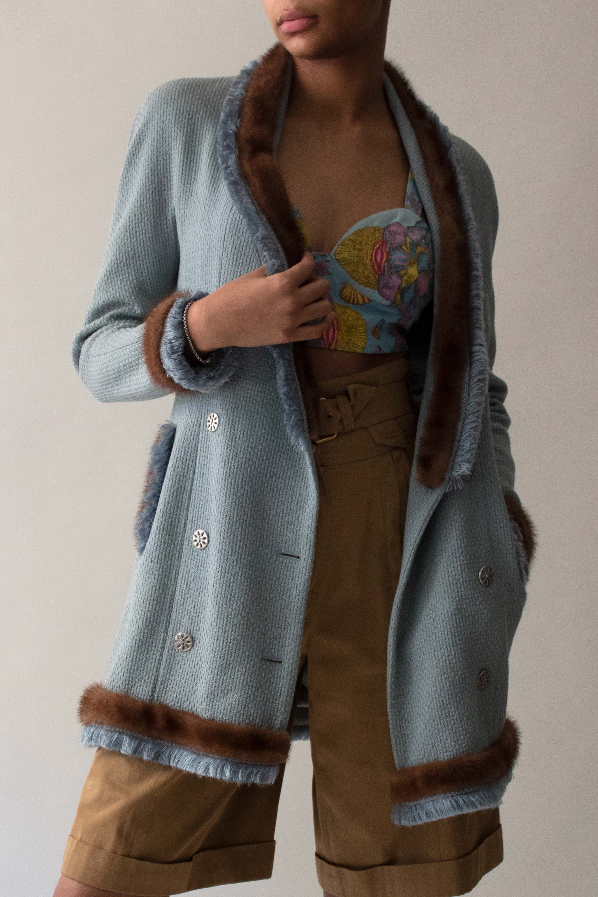 Dior 1997 Blue Wool Silk Mink Skirt Suit