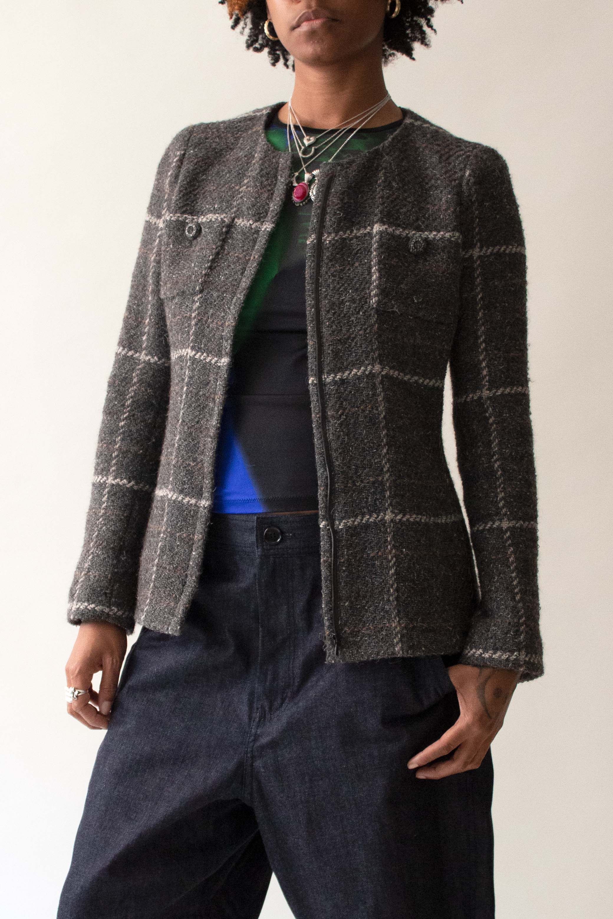 Chanel 2008 Grey Wool Blend Check Jacket