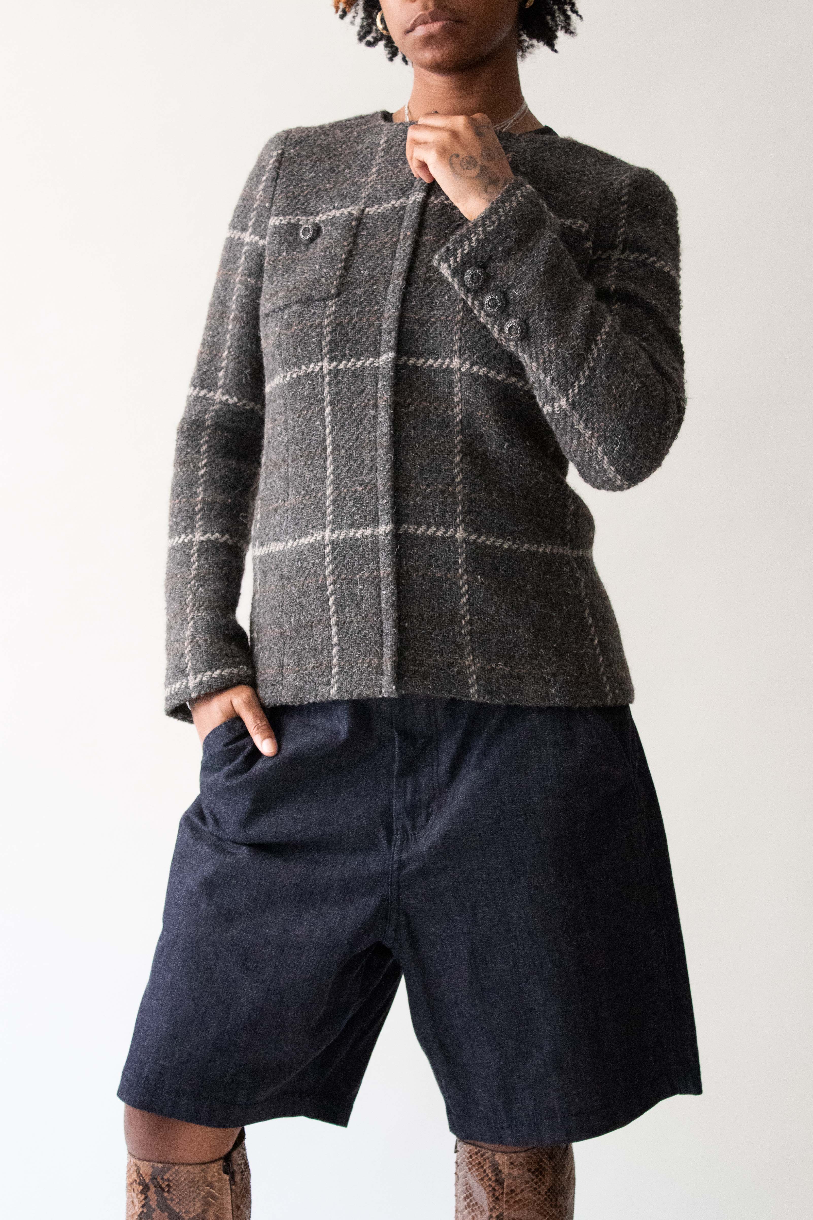 Chanel 2008 Grey Wool Blend Check Jacket