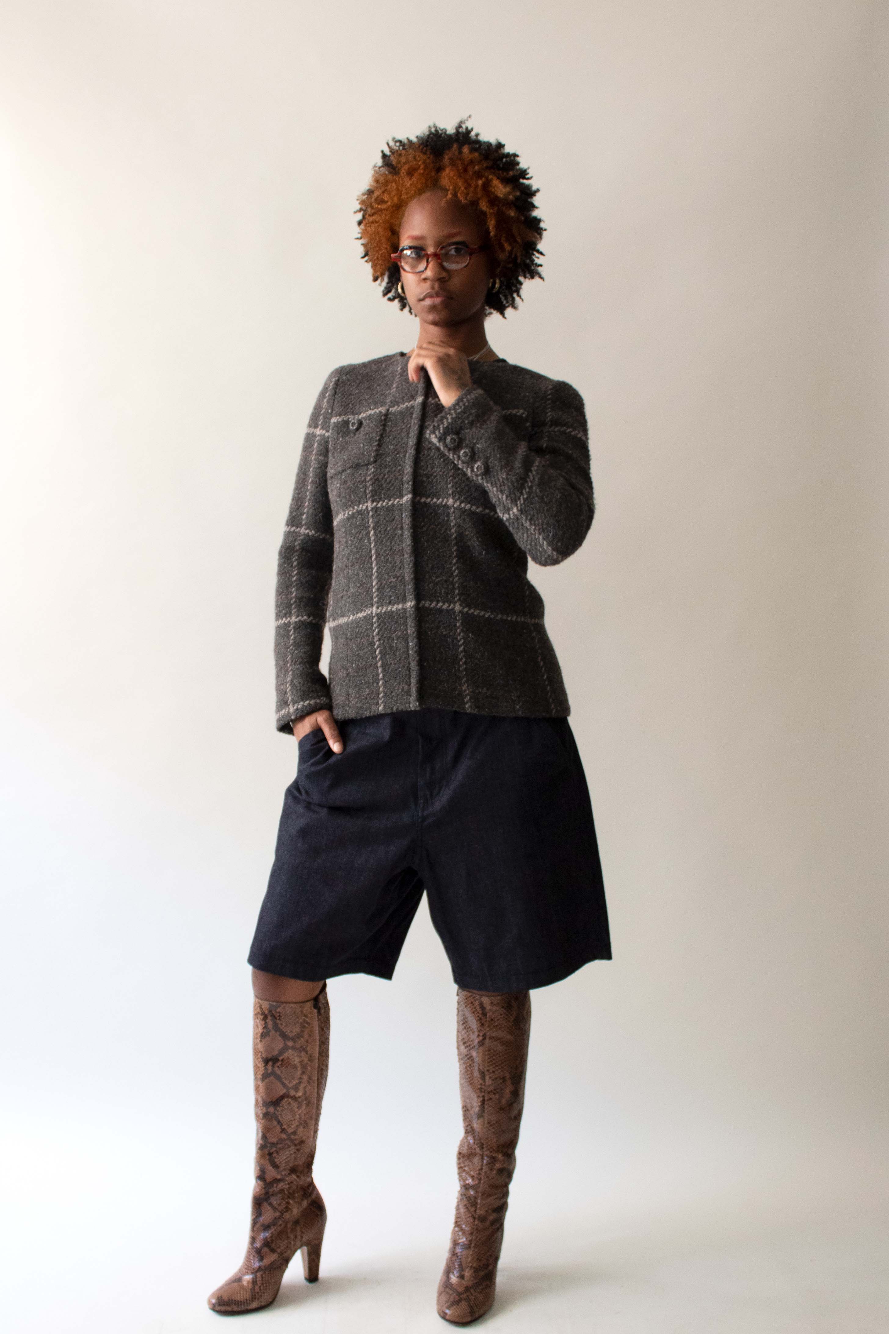 Chanel 2008 Grey Wool Blend Check Jacket