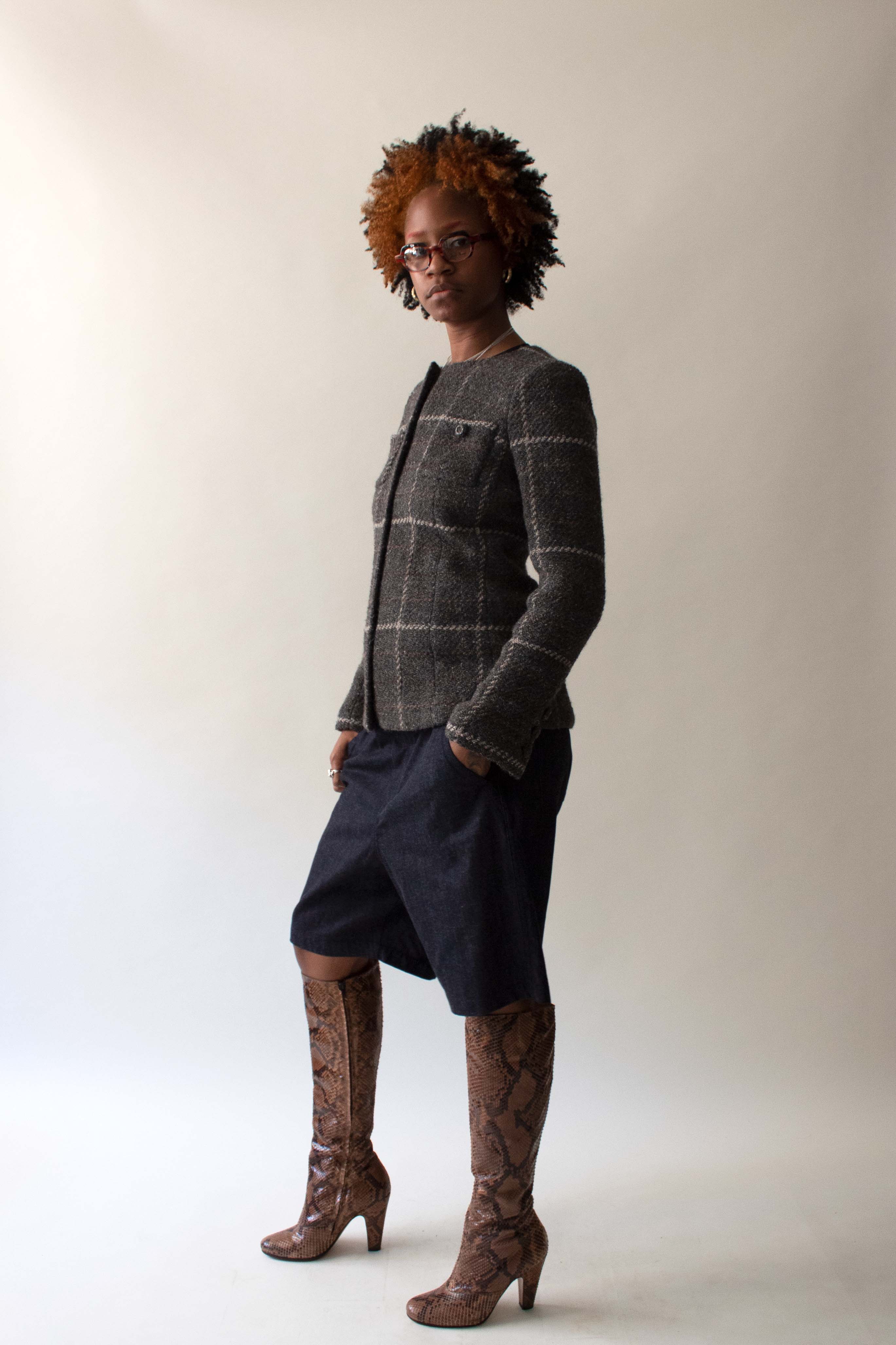 Chanel 2008 Grey Wool Blend Check Jacket