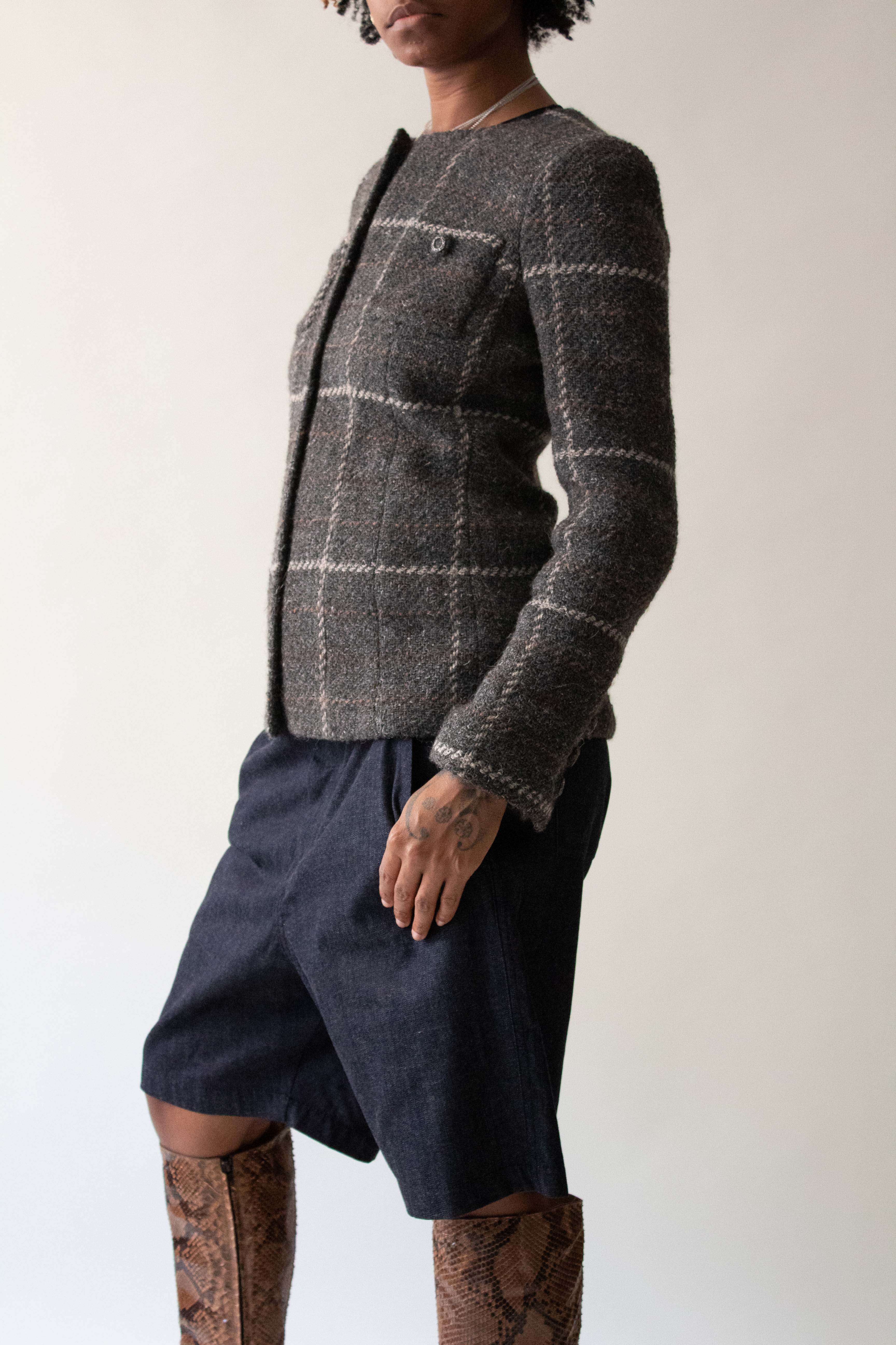 Chanel 2008 Grey Wool Blend Check Jacket