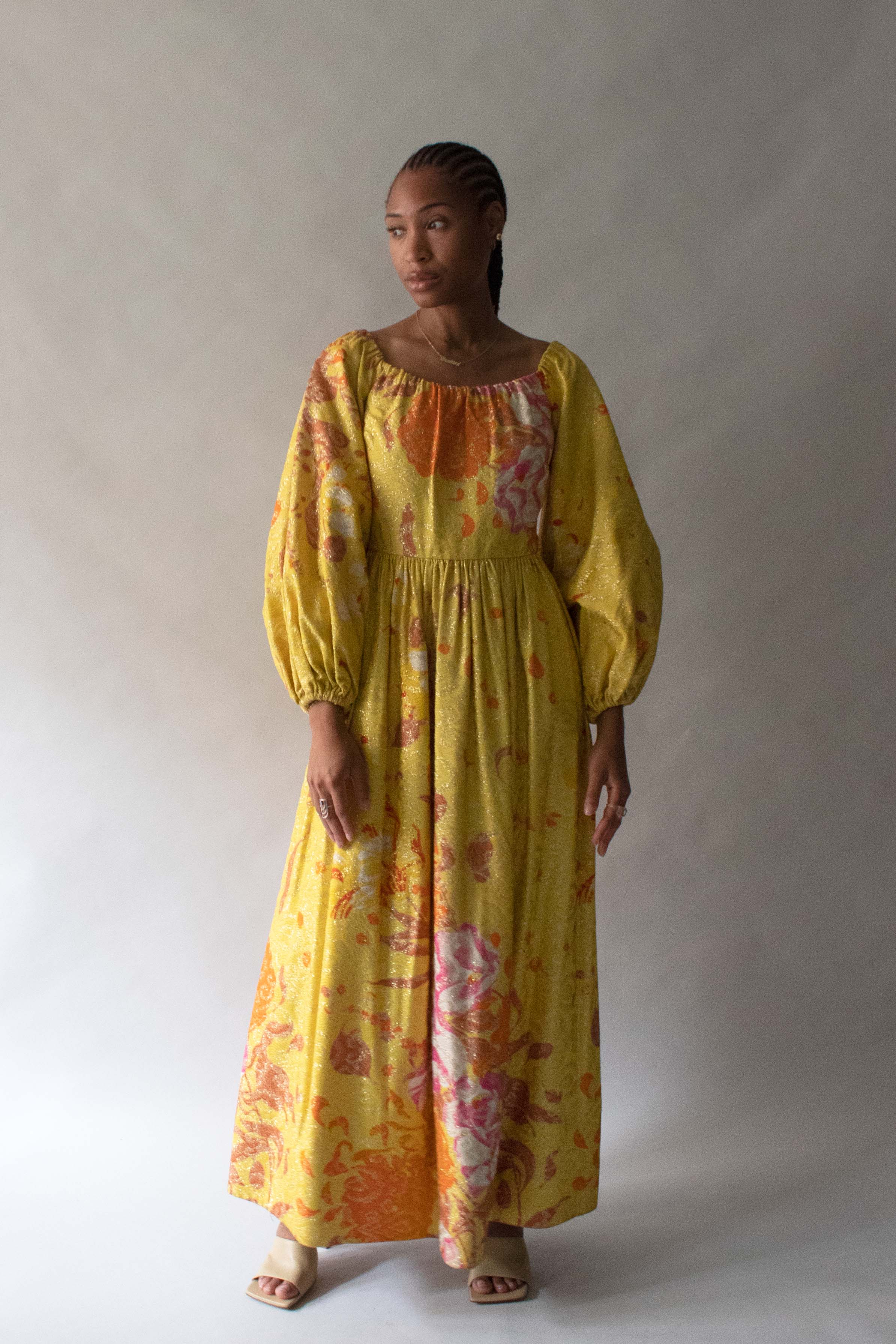 Bill Blass Yellow Silk Brocade Gown