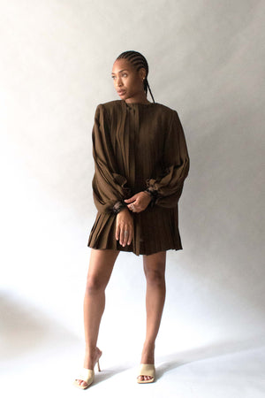 Galanos Brown Tunic With Black Button and Cuff Details