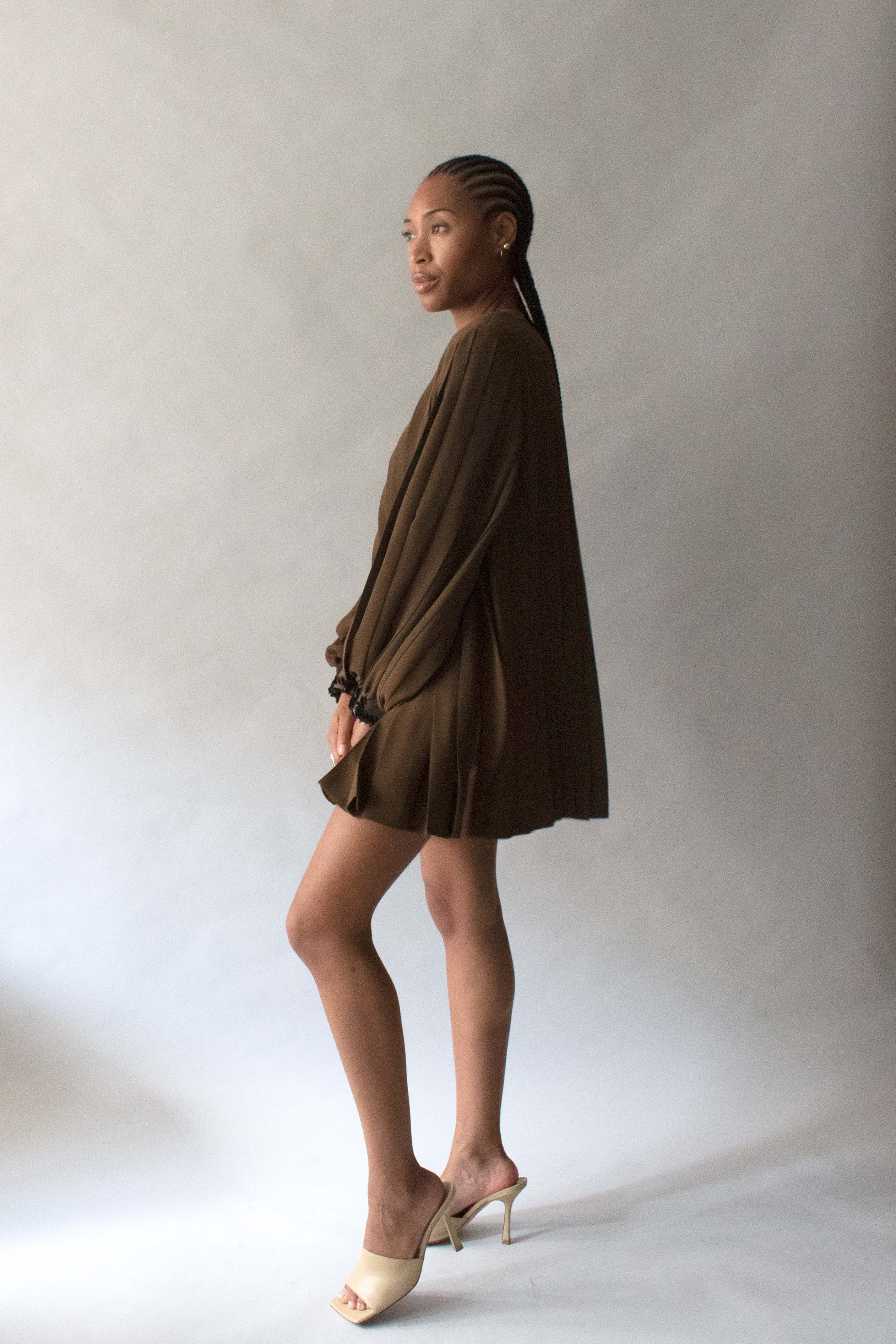 Galanos Brown Tunic With Black Button and Cuff Details