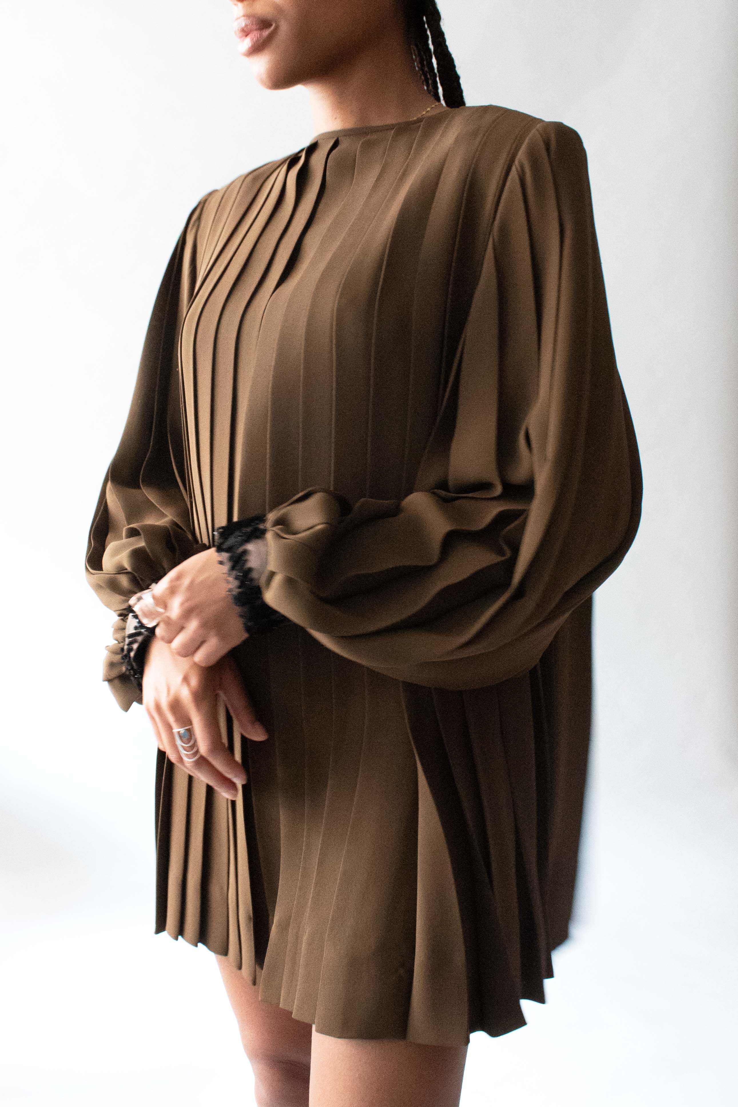 Galanos Brown Tunic With Black Button and Cuff Details