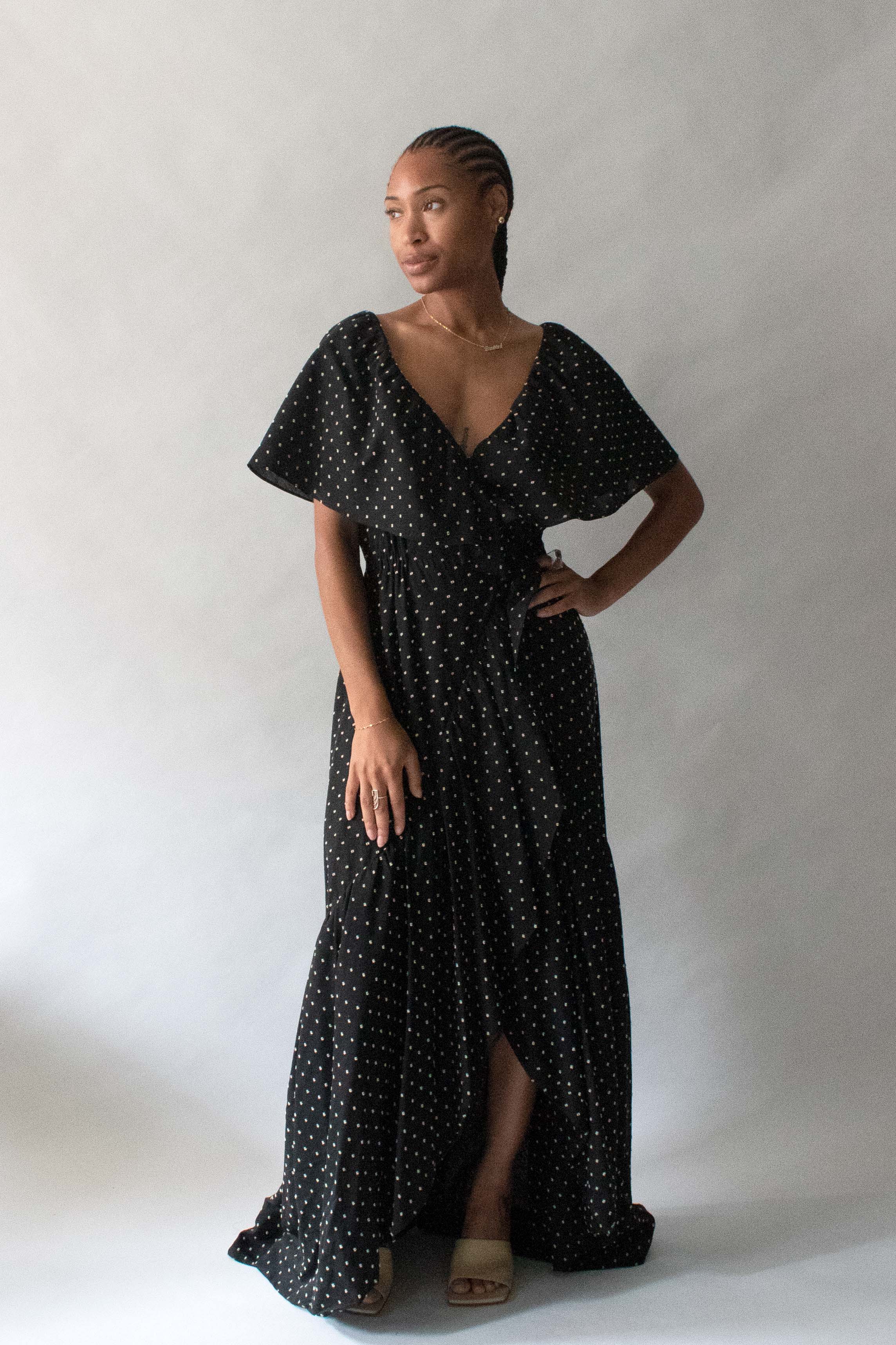 Halston Black Cotton Filcoupe Wrap Dress