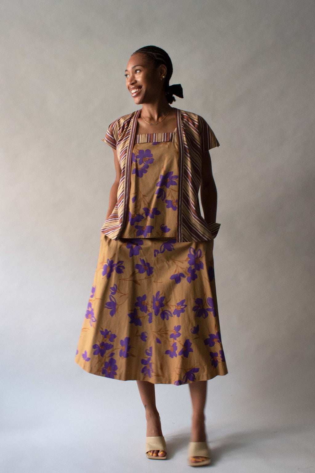 Amen Wardy Brown Floral Cotton 3-Piece Skirt Set