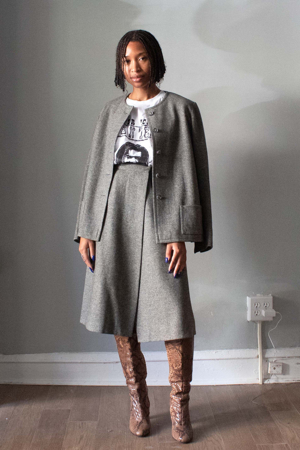 Halston Grey Wool Skirt Suit