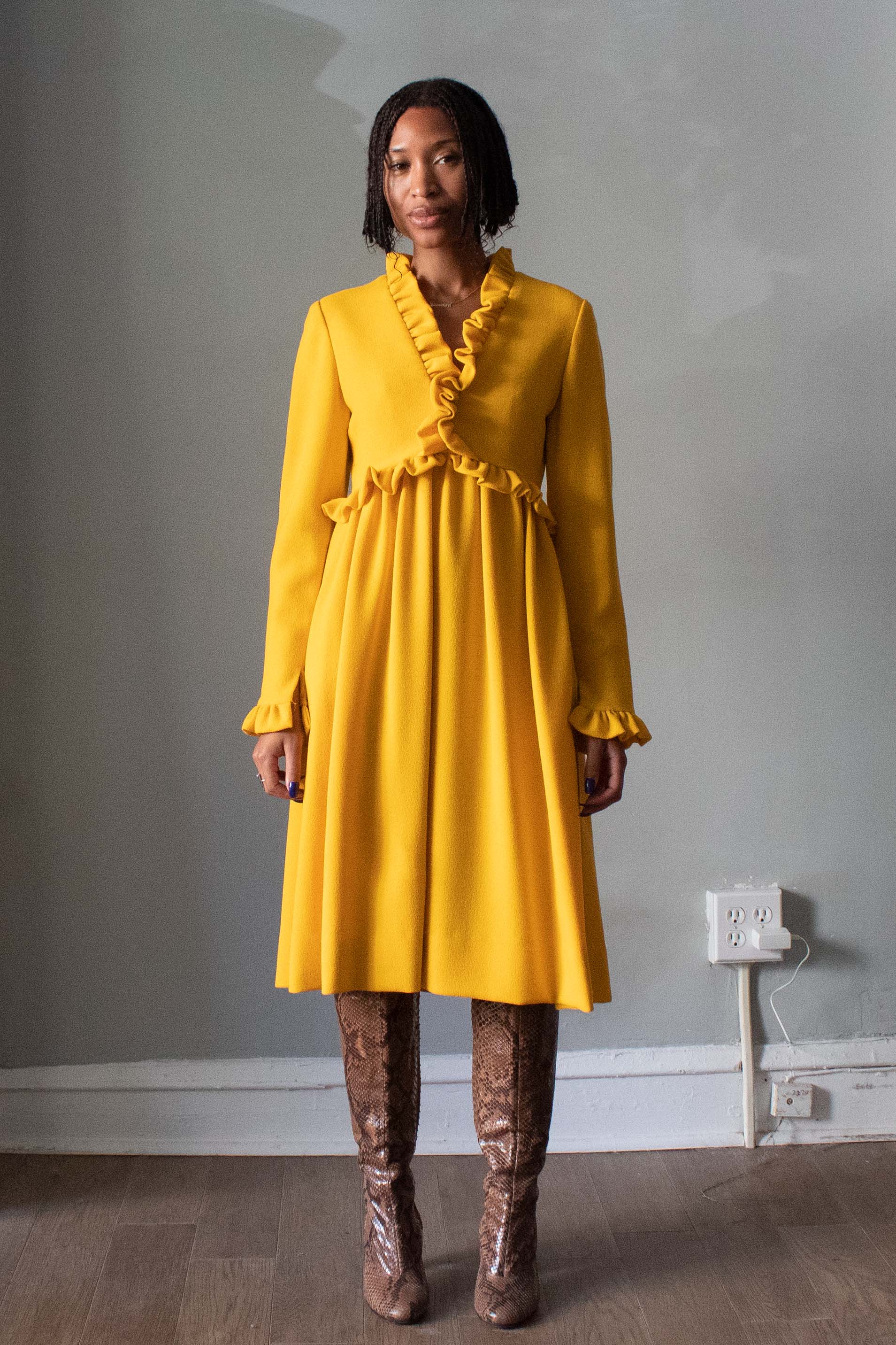 Donald Brooks Sunflower Yellow Wool Midi Dress Moore Vintage Archive Donald Brooks Sunflower Yellow Wool Midi Dress Moore Vintage Archive