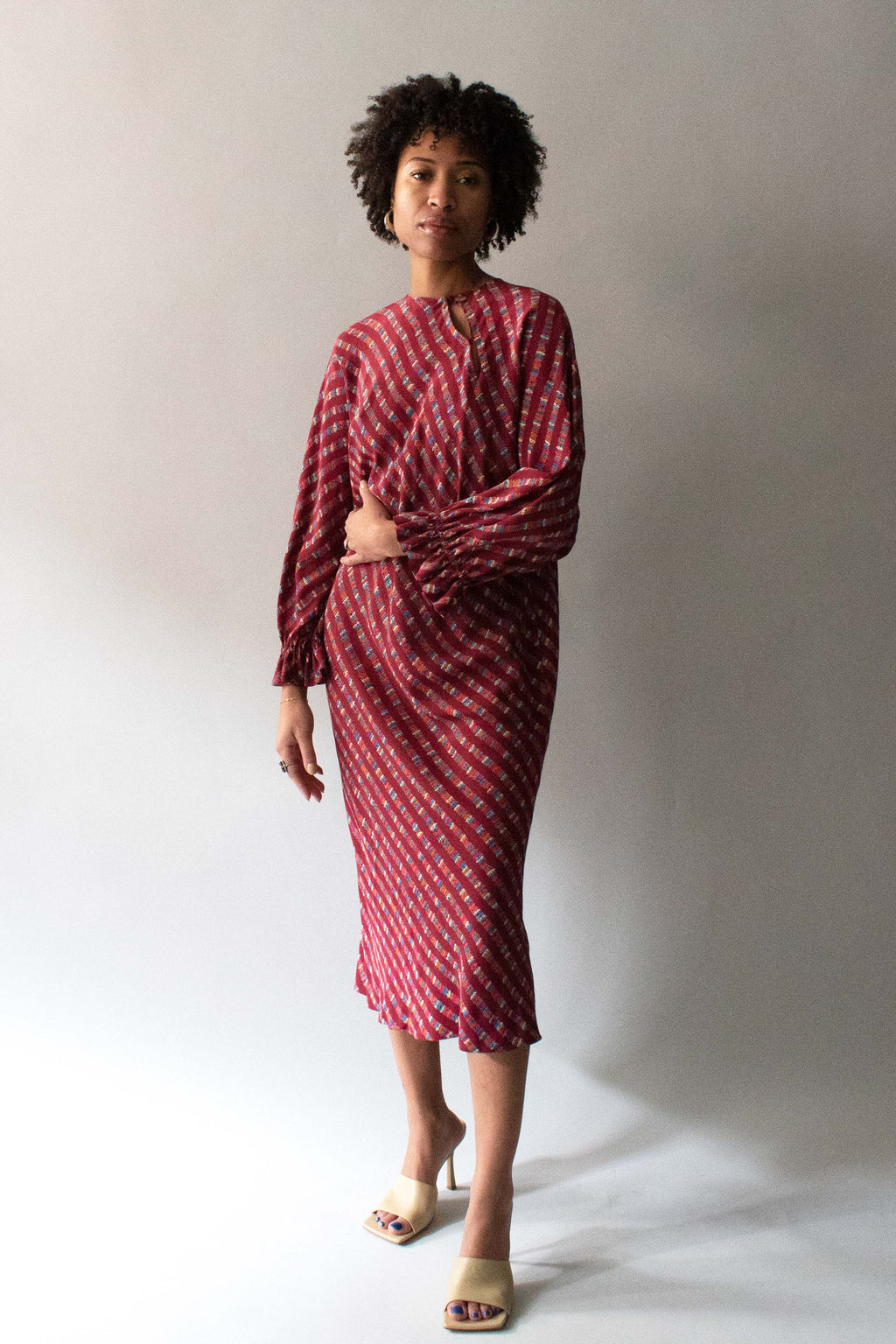 Halston Burgundy Patterned Silk Bias Cut Dress