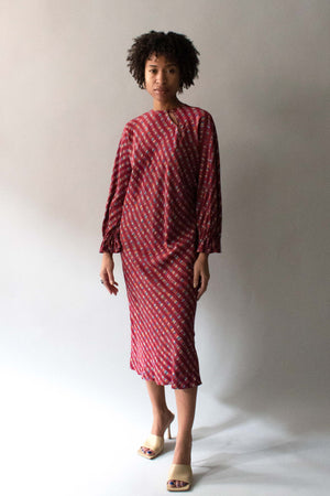 Halston Burgundy Patterned Silk Bias Cut Dress