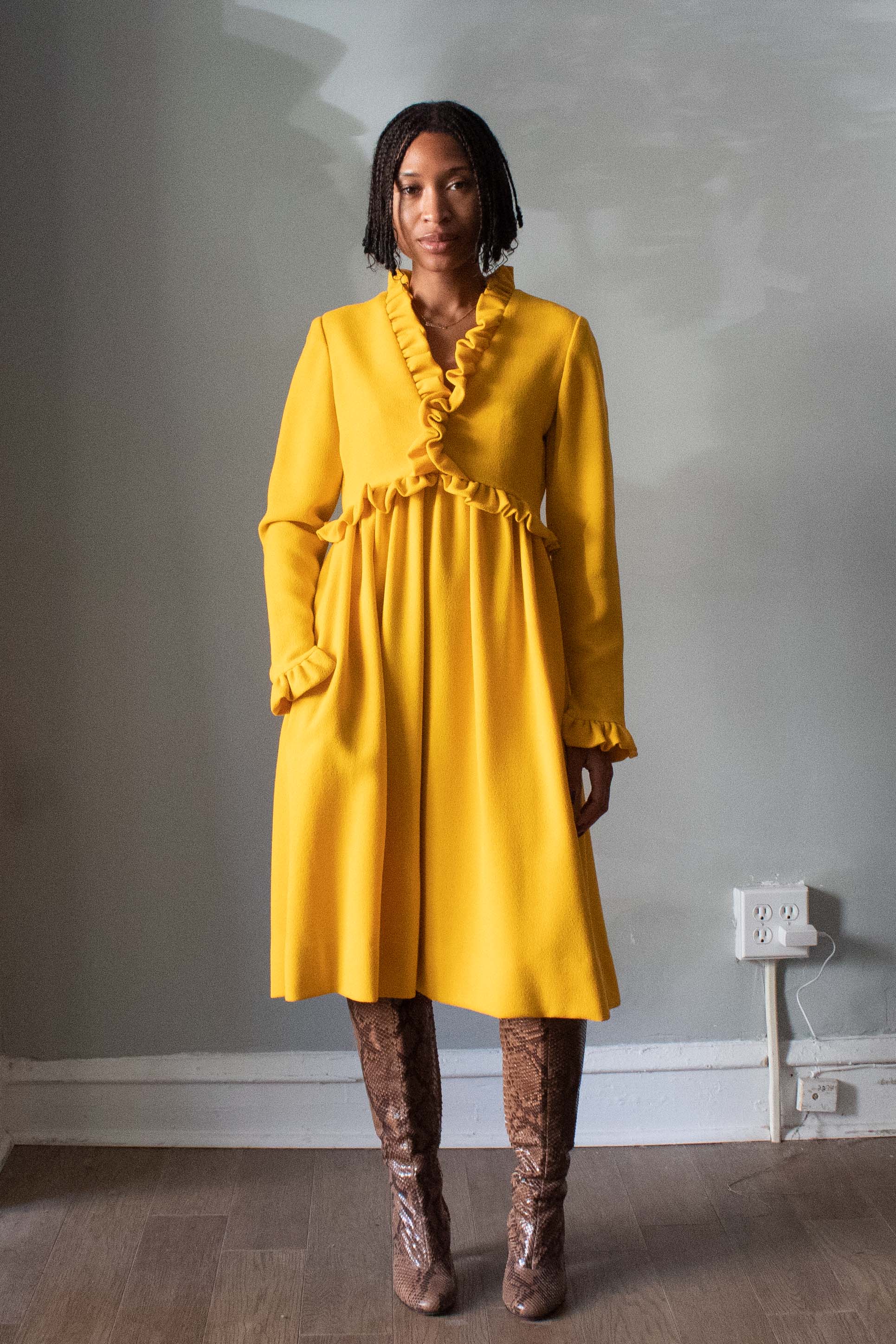 sunflower yellow dress Donald Brooks Sunflower Yellow Wool Midi Dress – Moore Vintage Archive