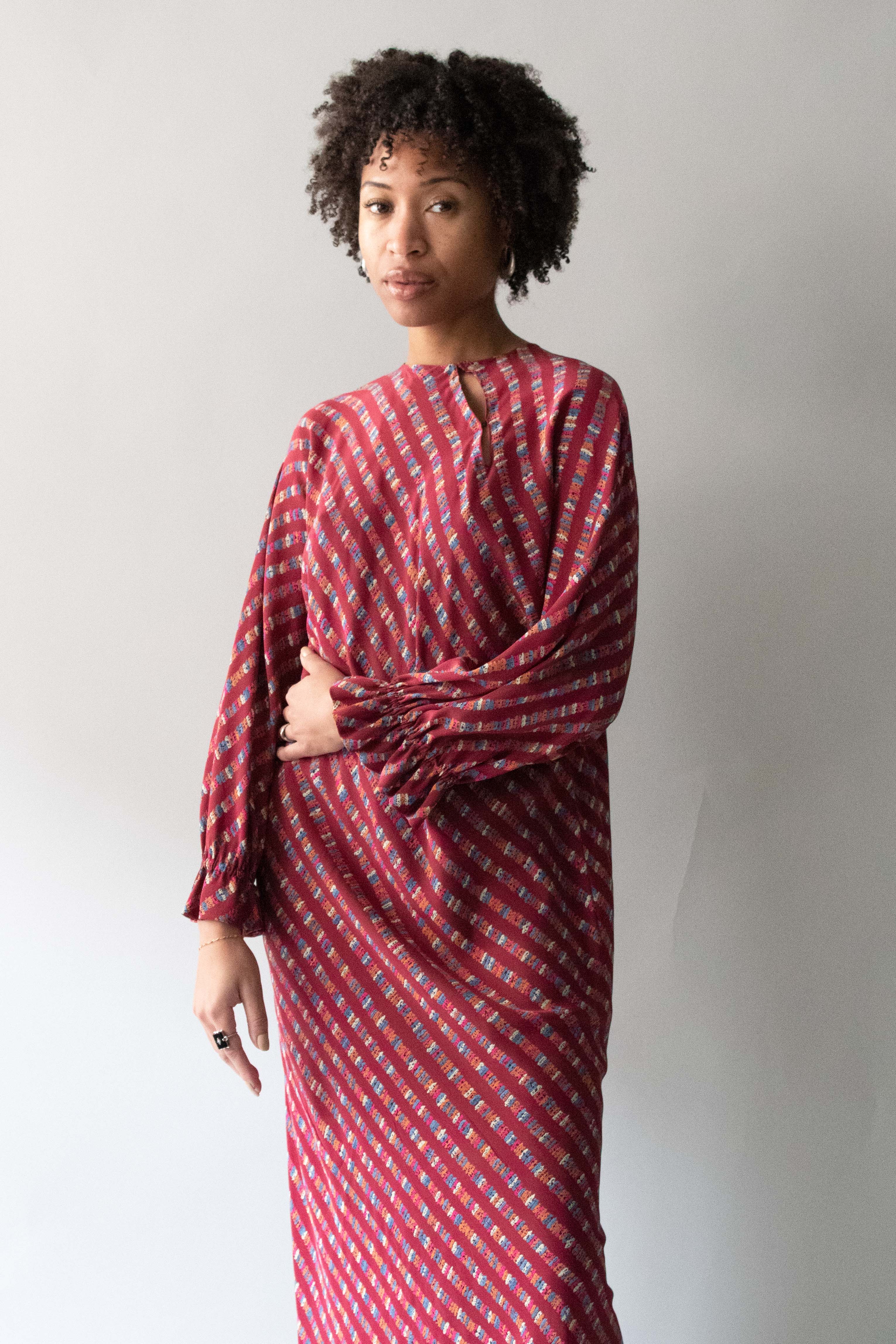 Halston Burgundy Patterned Silk Bias Cut Dress