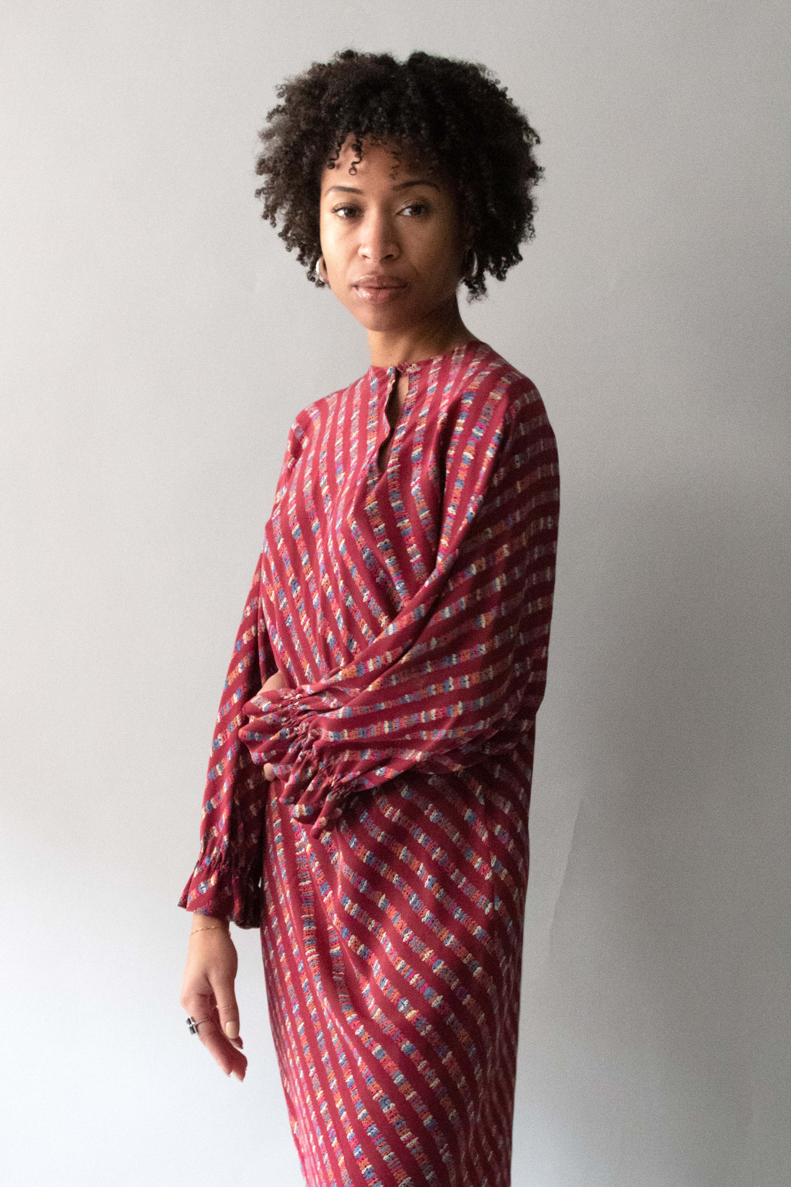 Halston Burgundy Patterned Silk Bias Cut Dress