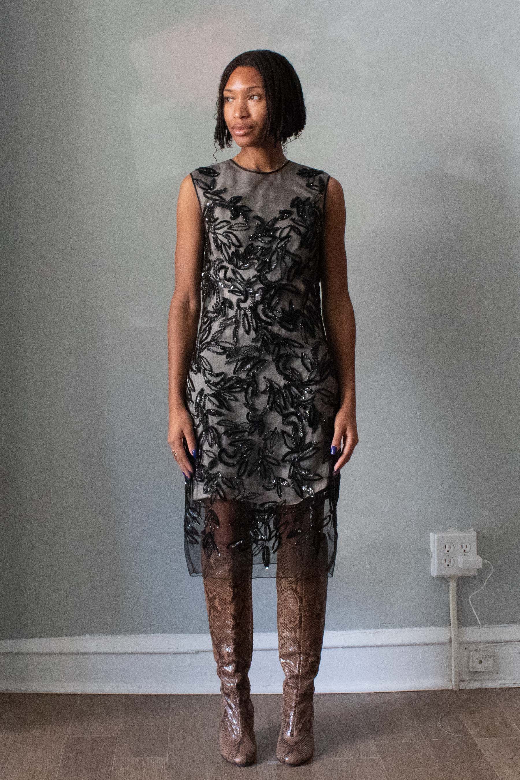 Dennis Basso Sheer Overlay Beaded Dress Moore Vintage Archive Dennis Basso Sheer Overlay Beaded Dress Moore Vintage Archive