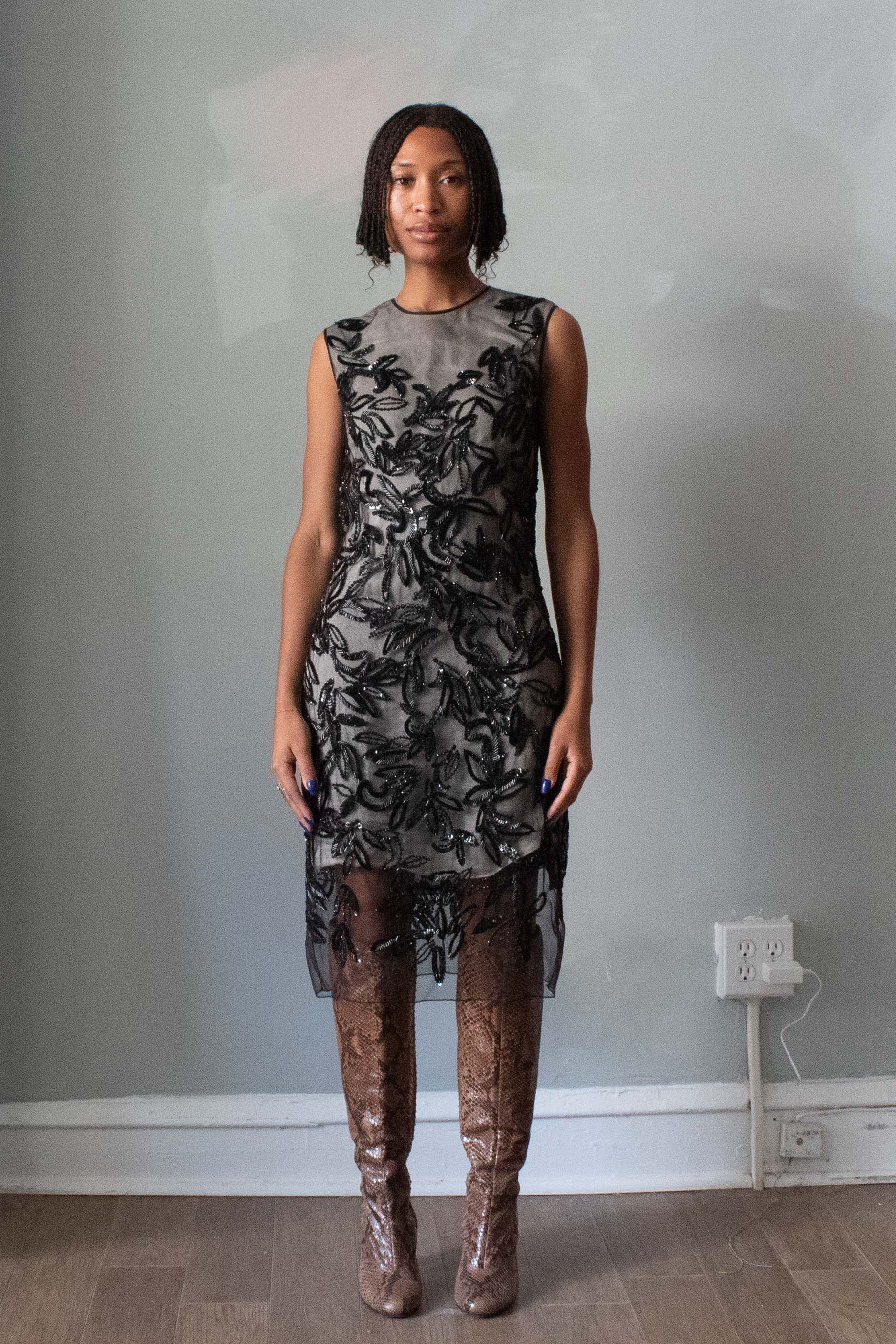 Dennis Basso Sheer Overlay Beaded Dress – Moore Vintage Archive Dennis Basso Sheer Overlay Beaded Dress – Moore Vintage Archive
