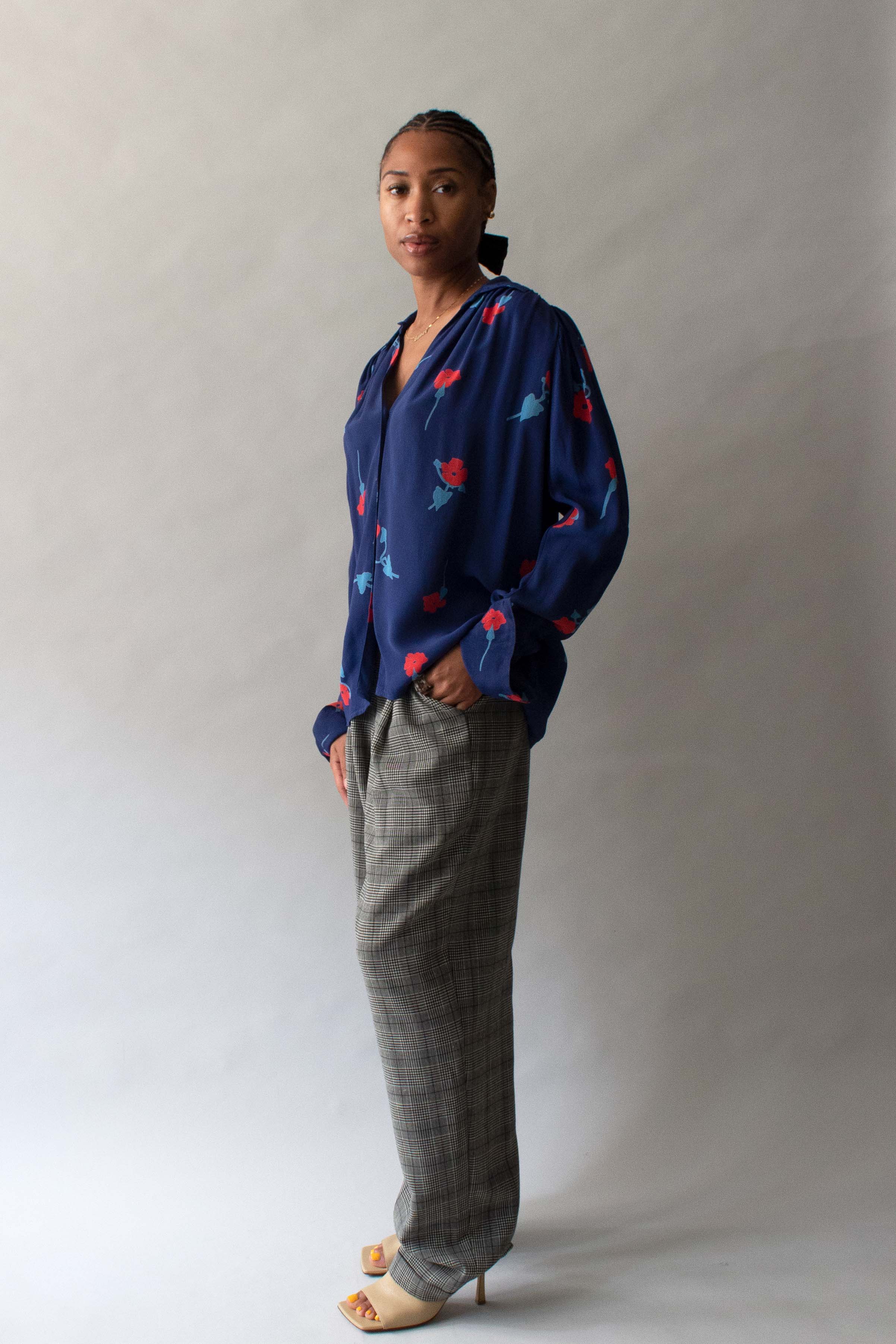 Ossie Clark Blue Crepe Floral Print Blouse