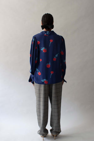 Ossie Clark Blue Crepe Floral Print Blouse