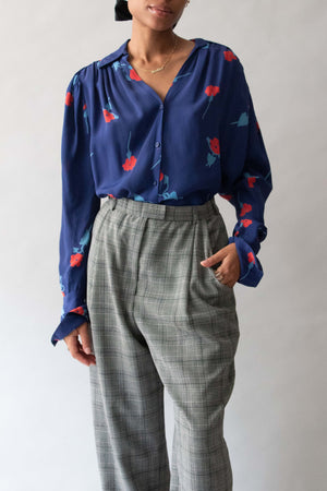 Ossie Clark Blue Crepe Floral Print Blouse