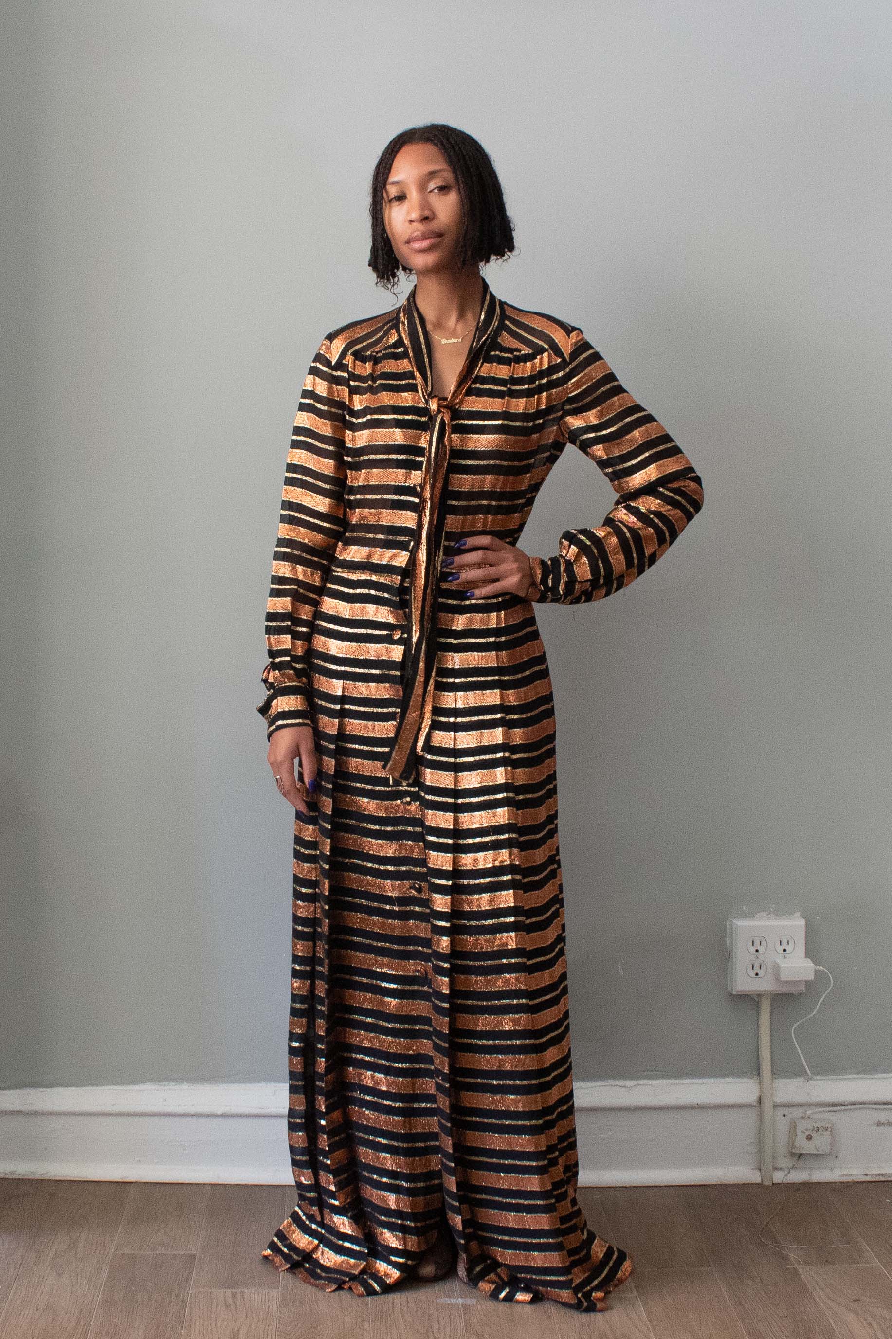 silk lame dress Off The Shoulder Full Sleeve Dress in Gold Silk Lam
