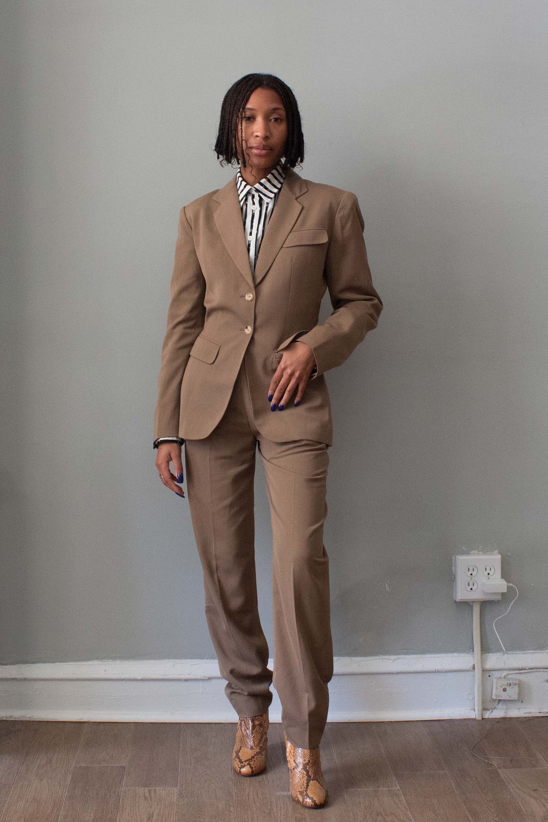 Alaïa Taupe Rayon Pant Suit 1980s