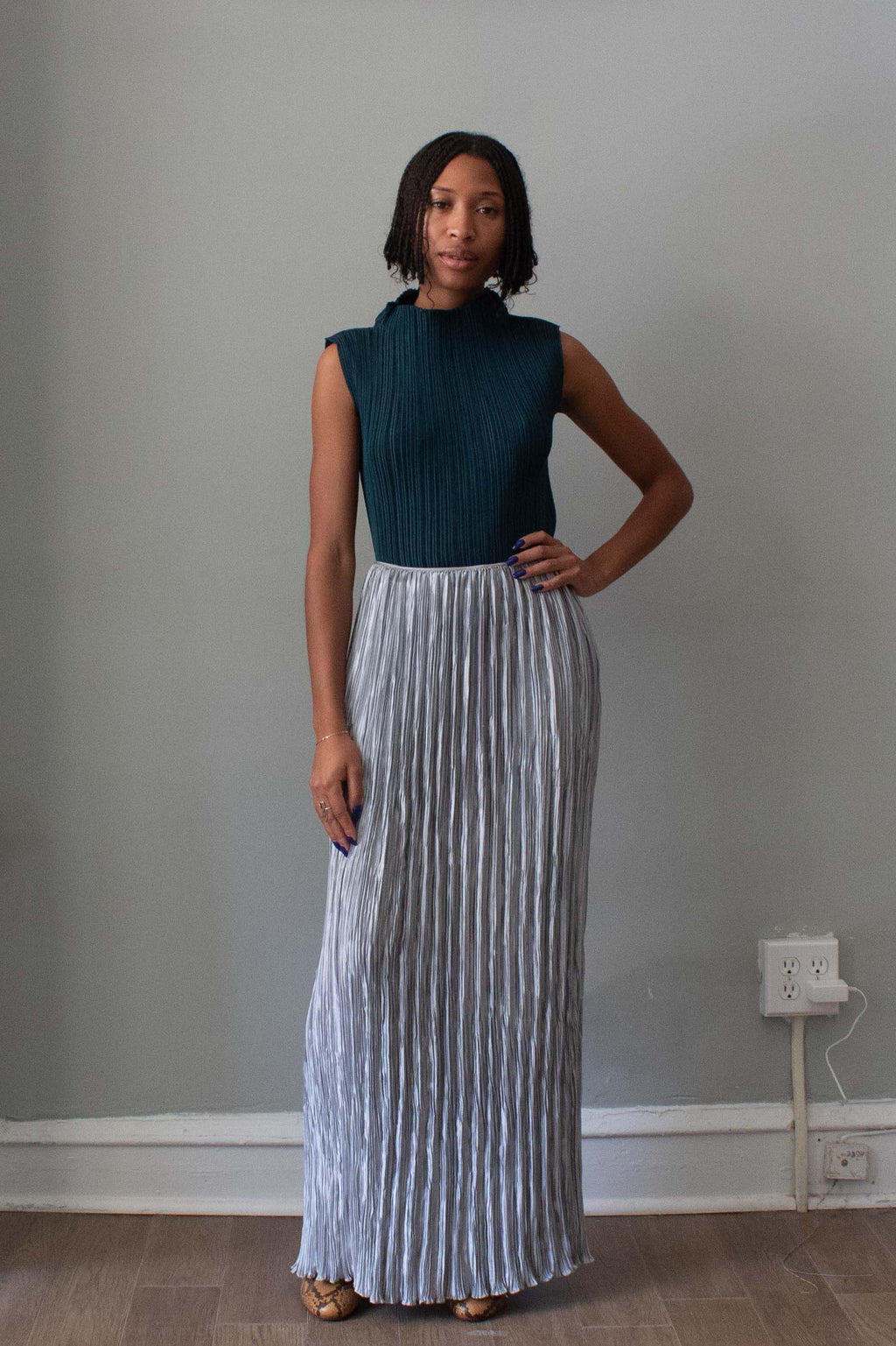 1970s Mary Mcfadden Pleated Silver Maxi Skirt