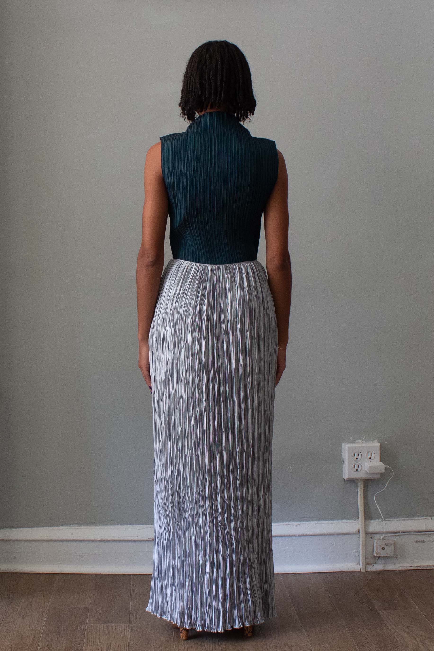 1970s Mary Mcfadden Pleated Silver Maxi Skirt