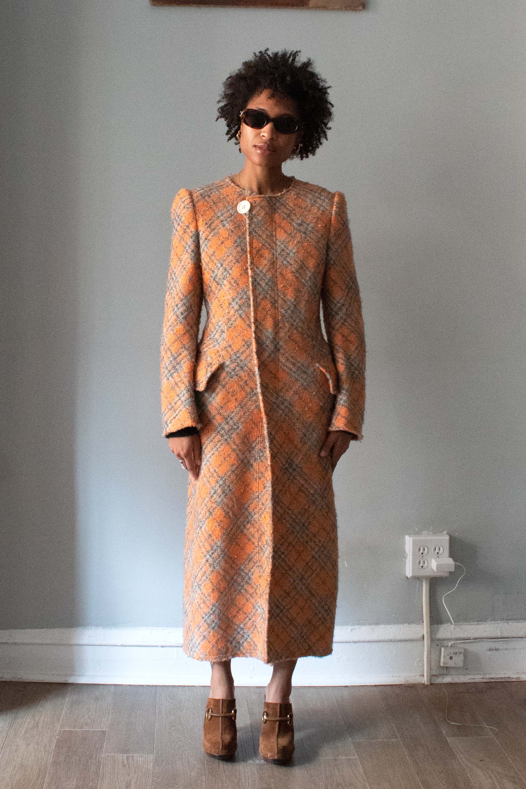 Junya Watanabe Orange Plaid Tweed Trench Coat