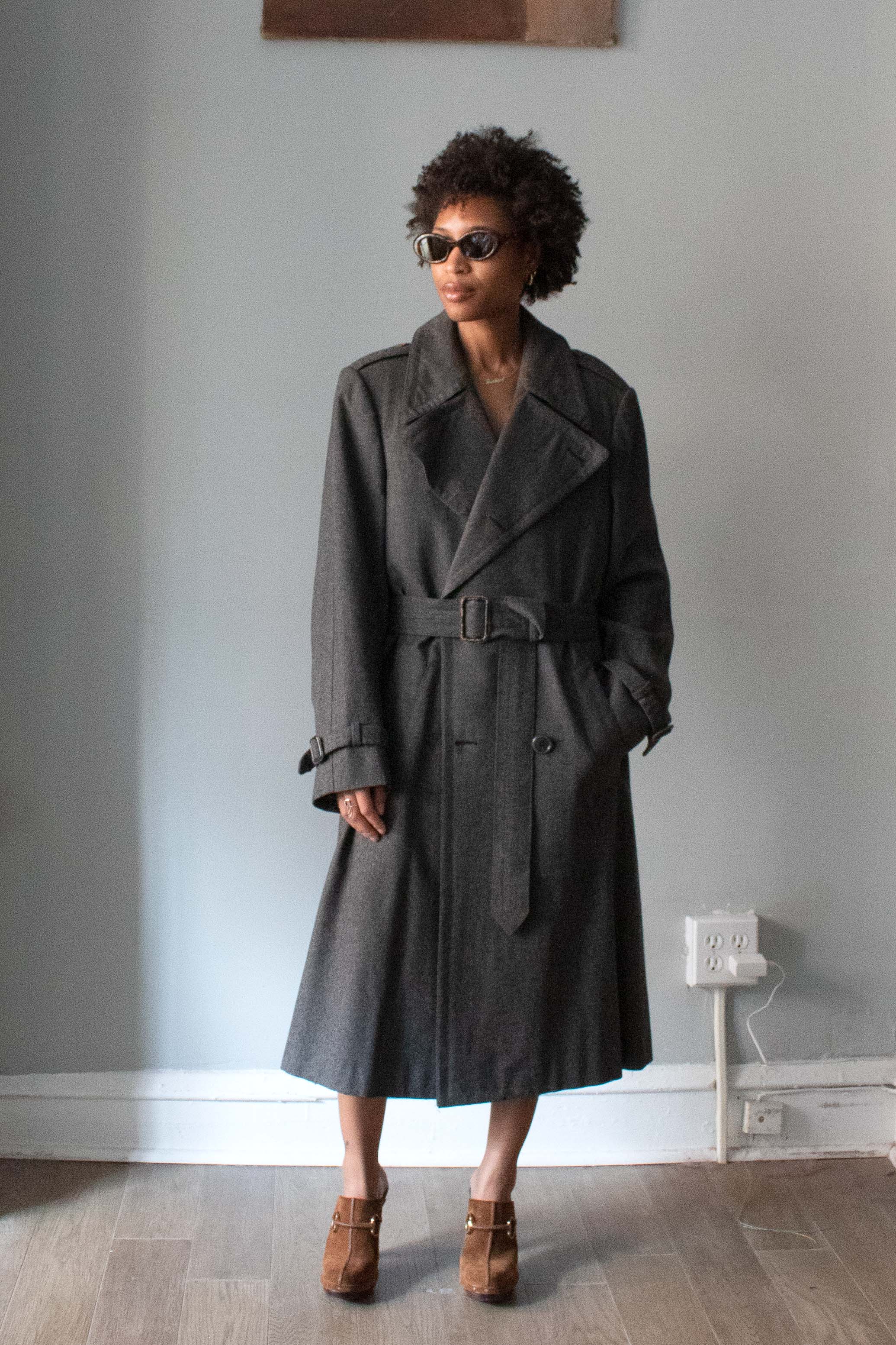 grey wool dress coat Gray Wool A-Line Long Coat with Wrapped Waist