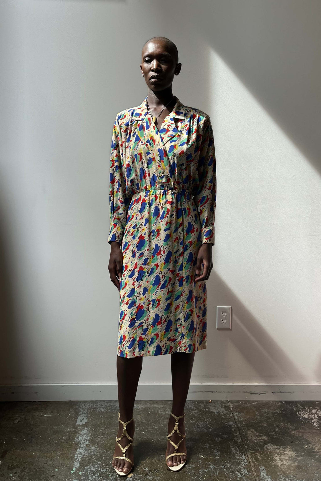 Chanel Boutique Long Sleeve Silk Multi-Color Coco Print Collar Dress