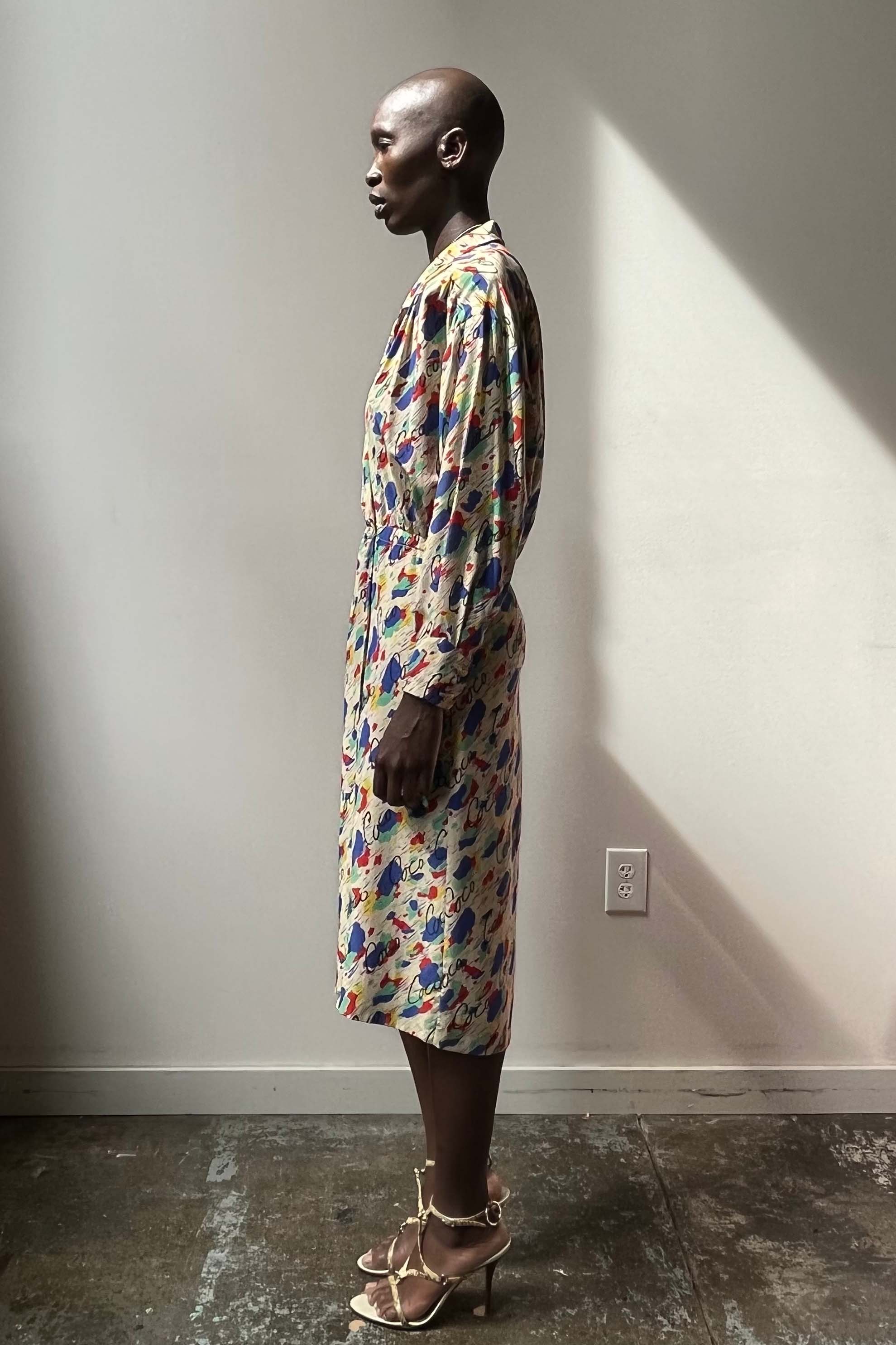 Chanel Boutique Long Sleeve Silk Multi-Color Coco Print Collar Dress