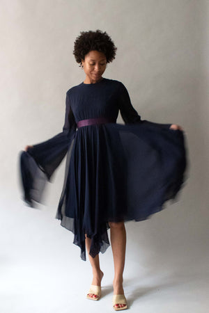 Bill Blass 1970s Navy Chiffon Belted Dress