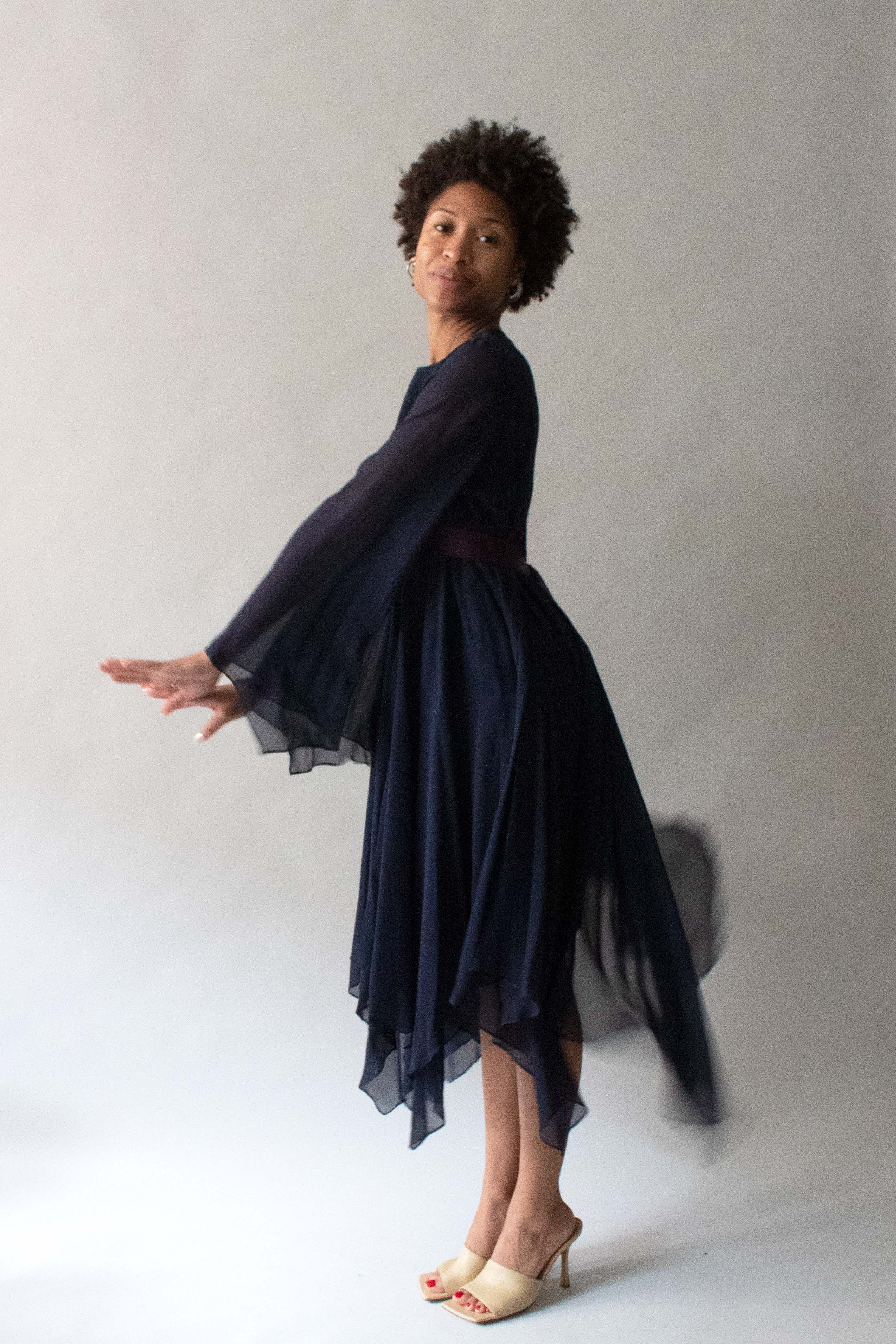 Bill Blass 1970s Navy Chiffon Belted Dress