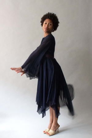 Bill Blass 1970s Navy Chiffon Belted Dress