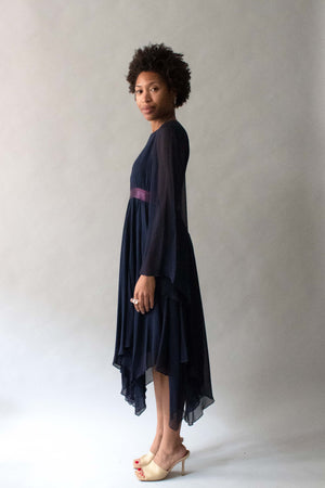 Bill Blass 1970s Navy Chiffon Belted Dress