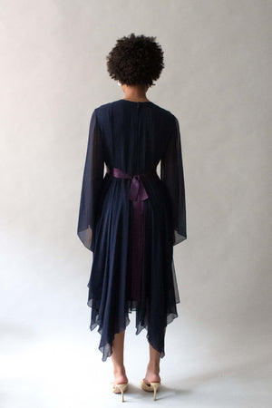Bill Blass 1970s Navy Chiffon Belted Dress