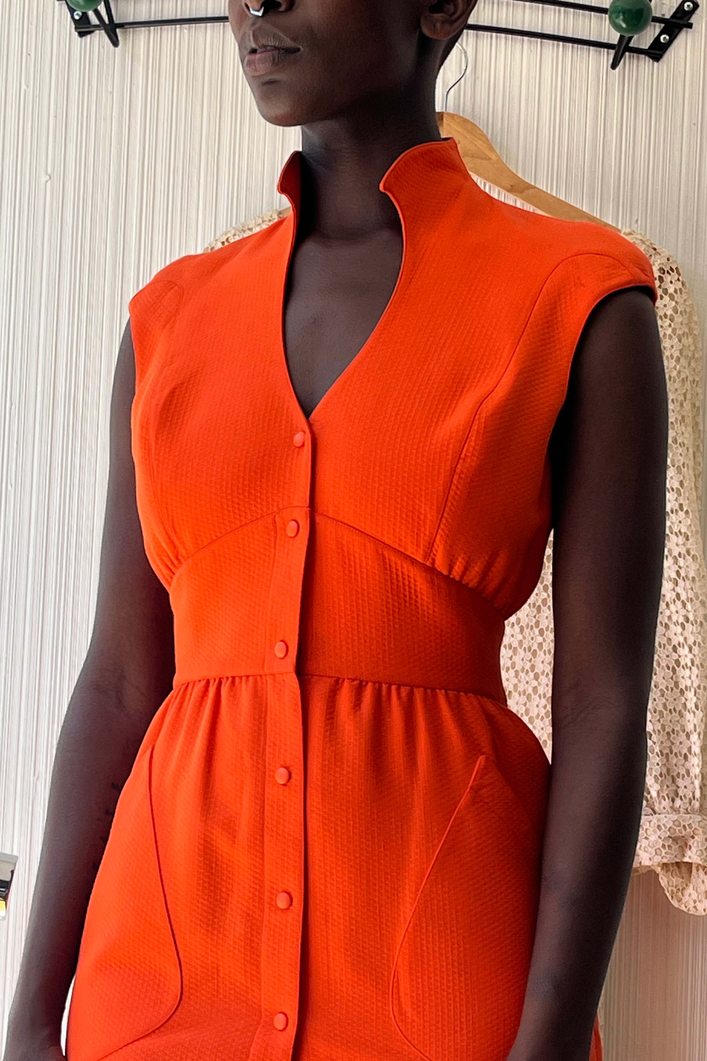 Thierry Mugler Orange Textured Cotton Snap Front Dress