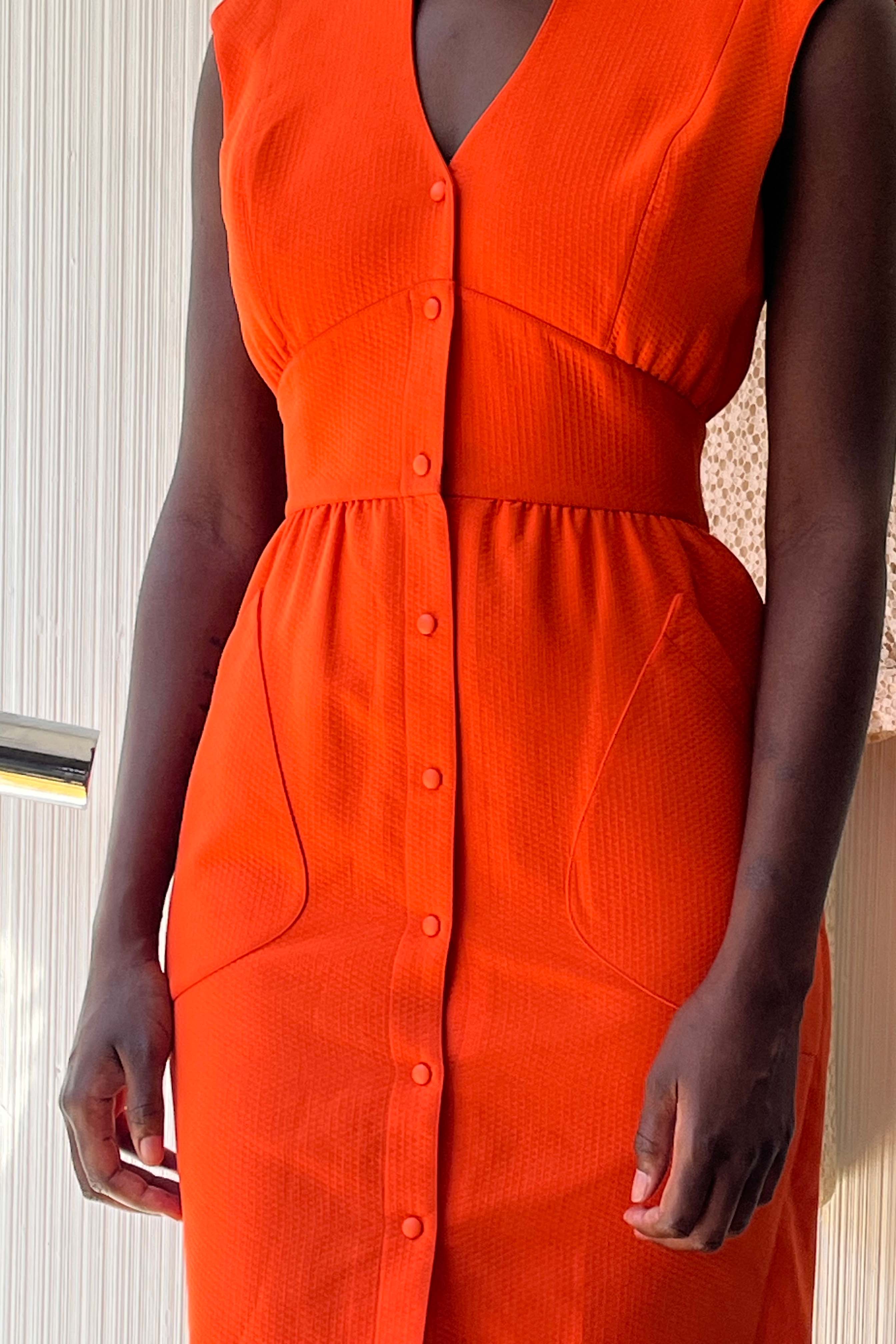 Thierry Mugler Orange Textured Cotton Snap Front Dress