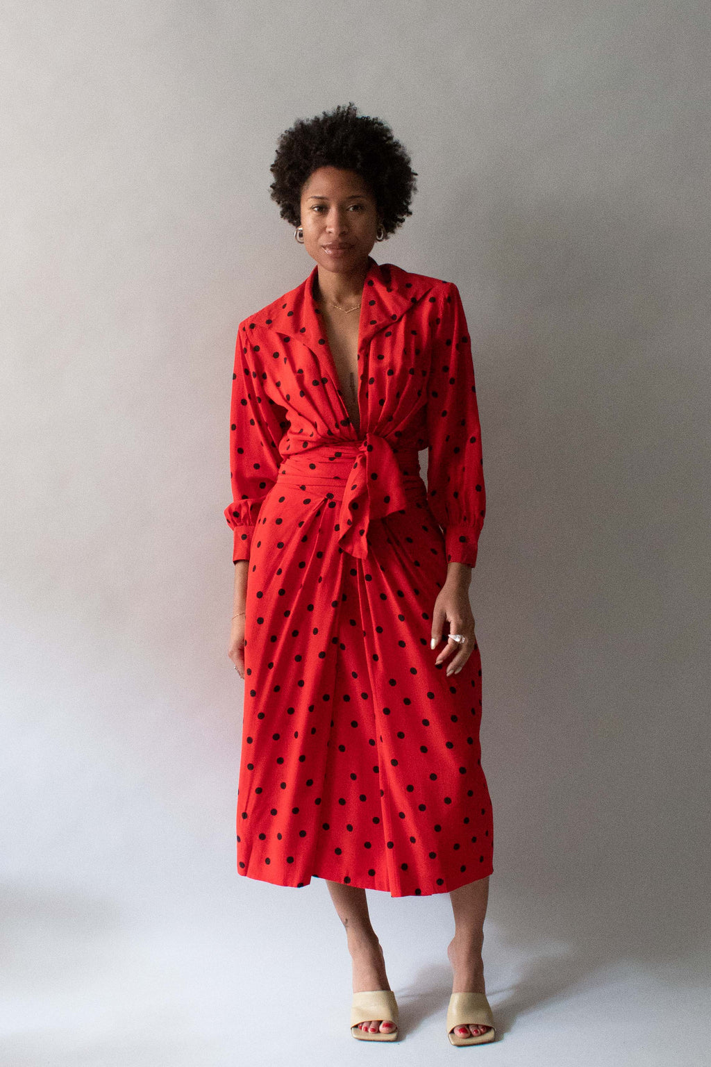 Saint Laurent Red and Black Silk Polka Dot Dress