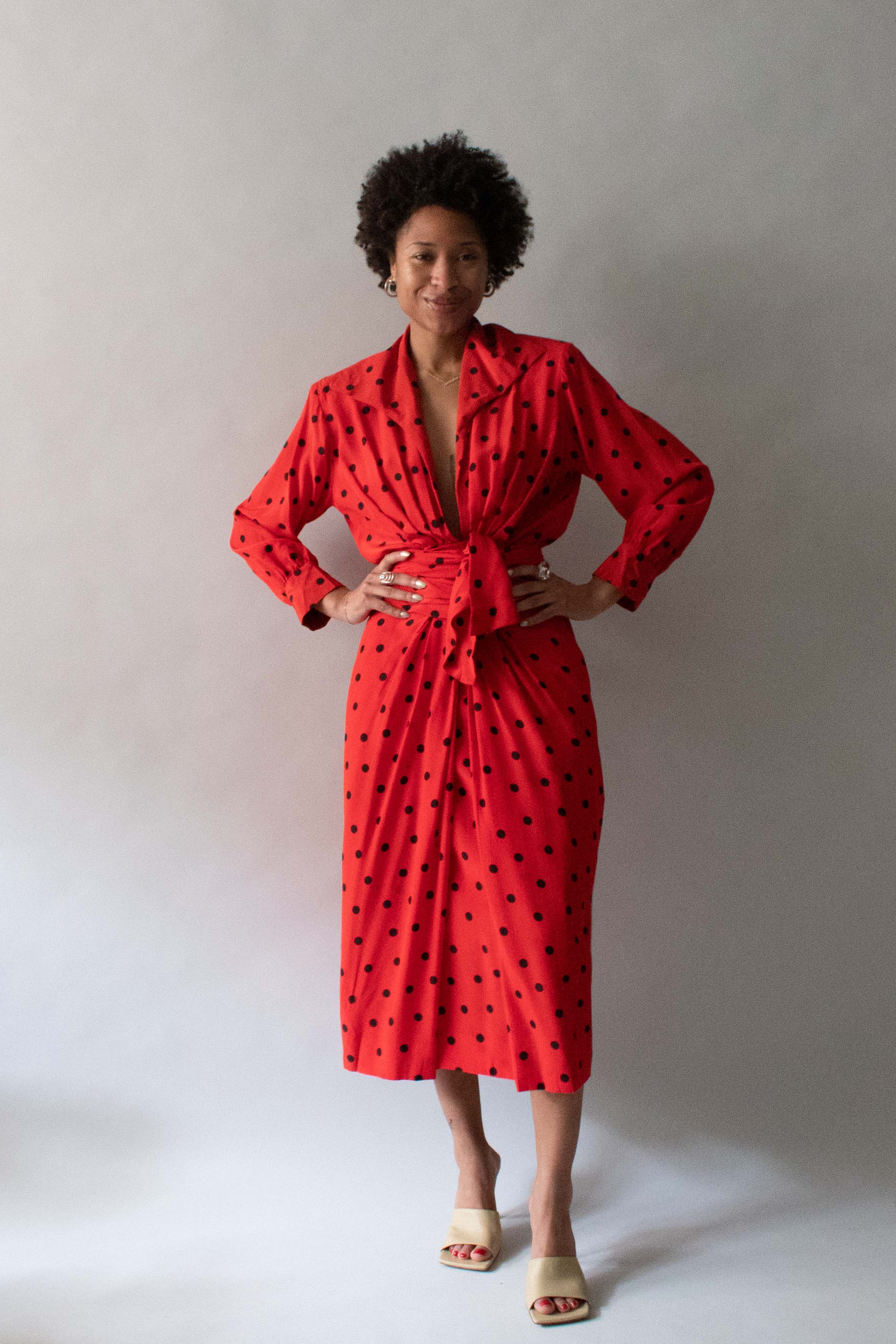 Saint Laurent Red and Black Silk Polka Dot Dress
